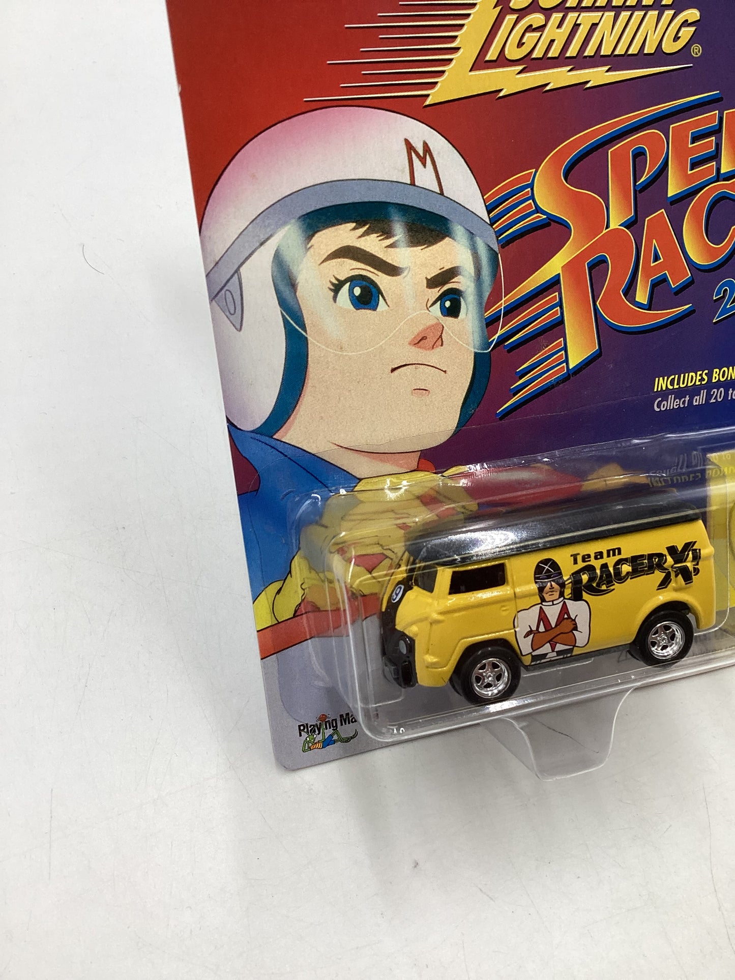 Johnny Lightning Speed Racer 2000 1/5000 VW Panel Van Yellow Team Racer X Cracked Blister