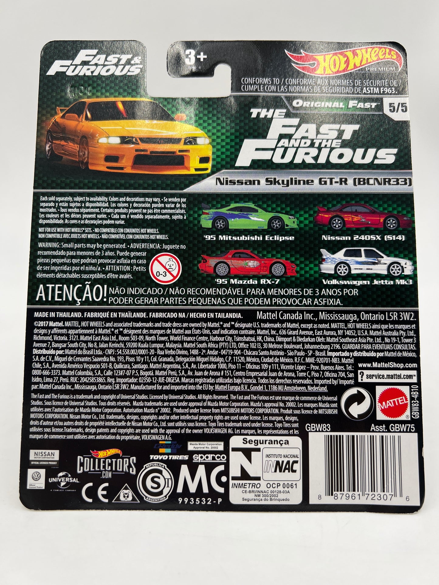 Hot Wheels Fast & Furious Original Fast #5 Nissan Skyline GT-R BCNR33 Yellow W/Protector