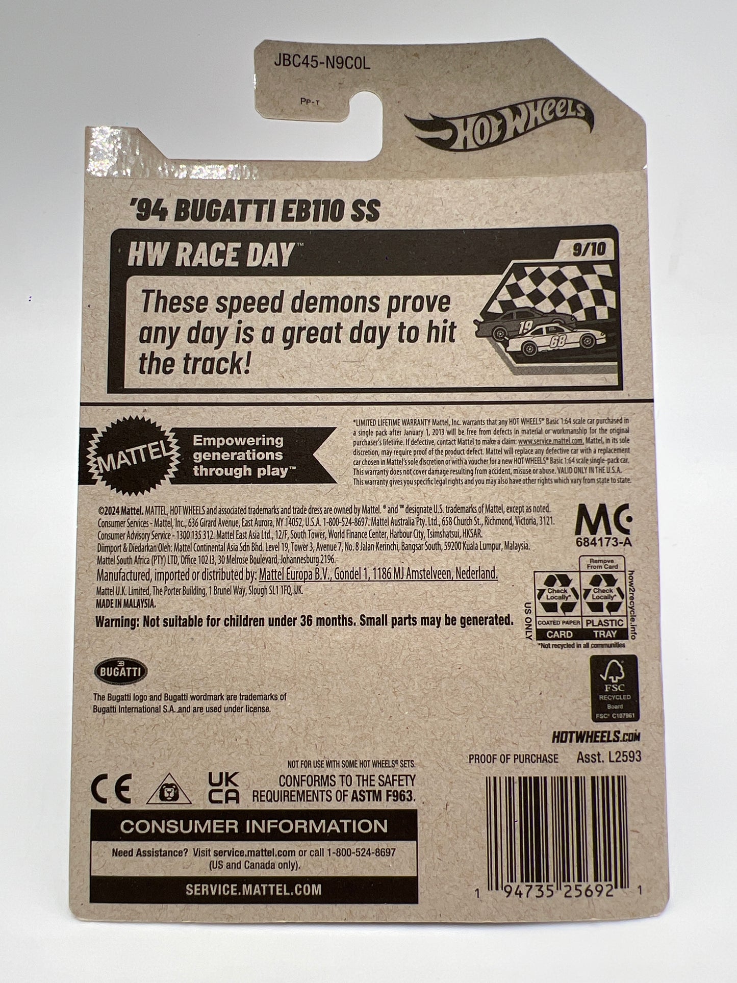 2025 Hot Wheels L Case Super Treasure Hunt #221 94 Bugatti EB110 SS Purple W/Protector