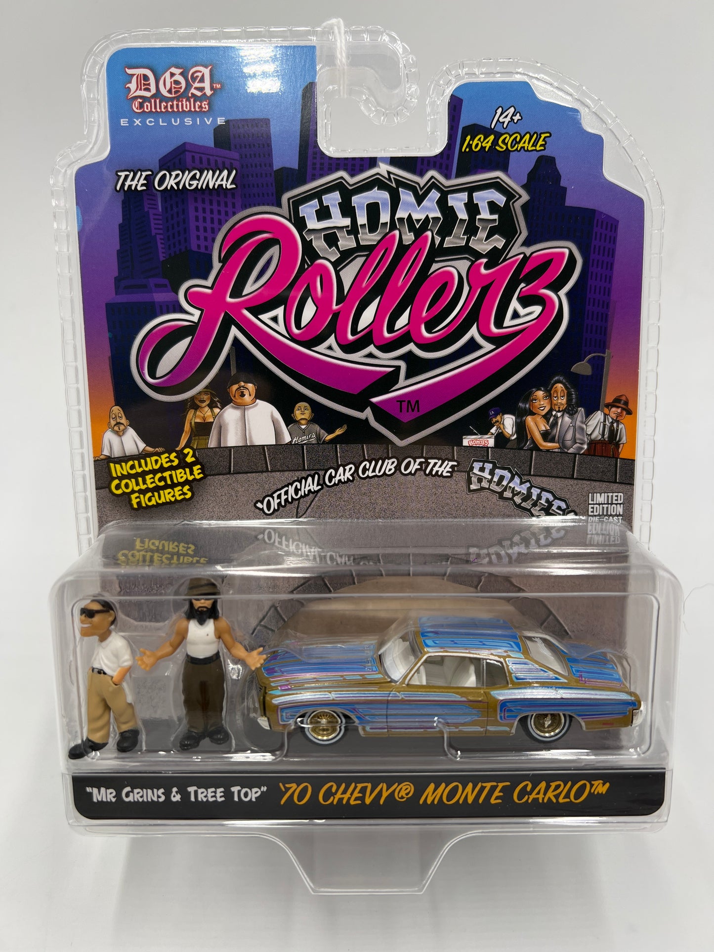 Greenlight x DGA Homie Rollerz CHASE 70 Chevy Monte Carlo Blue/Gold & Mr Grins/Tree Top
