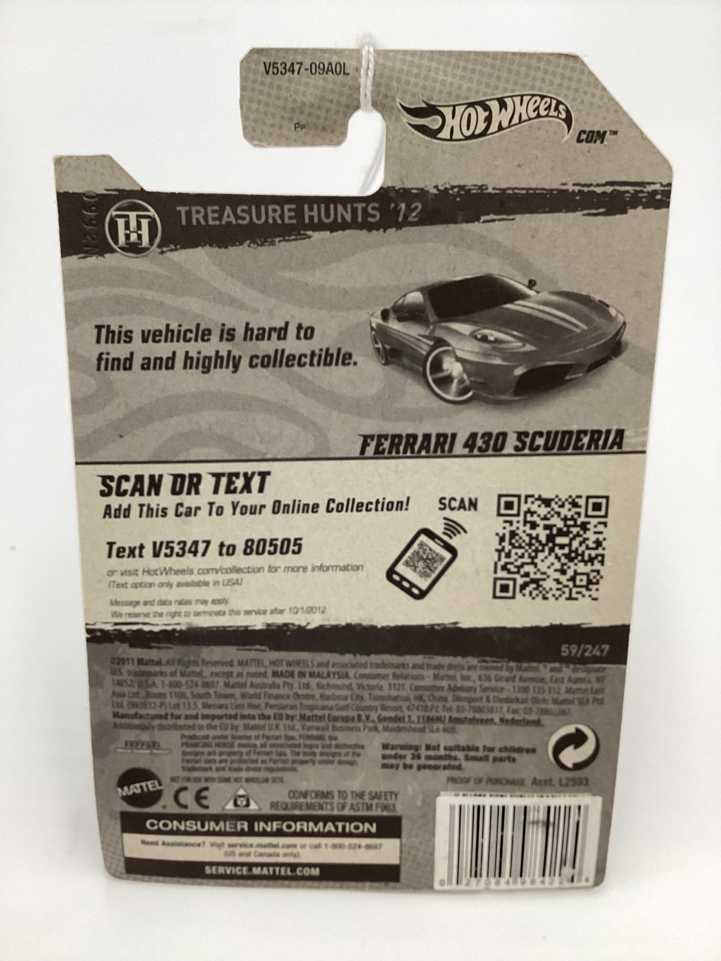 2012 Hot Wheels Treasure Hunt #59 Ferrari 430 Scuderia Red Card not Perfect 273A