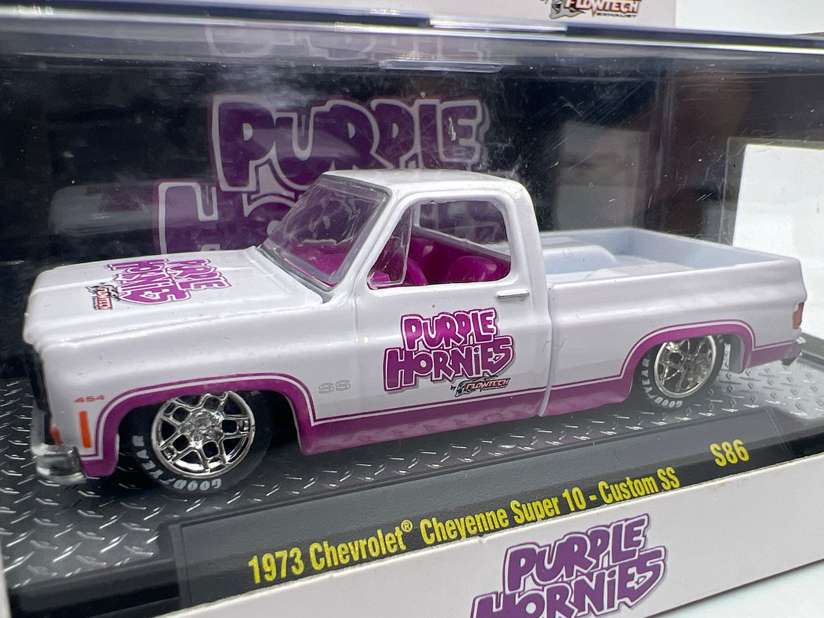 M2 Machines S86 Purple Hornies 1973 Chevrolet Cheyenne Super 10 Custom SS White