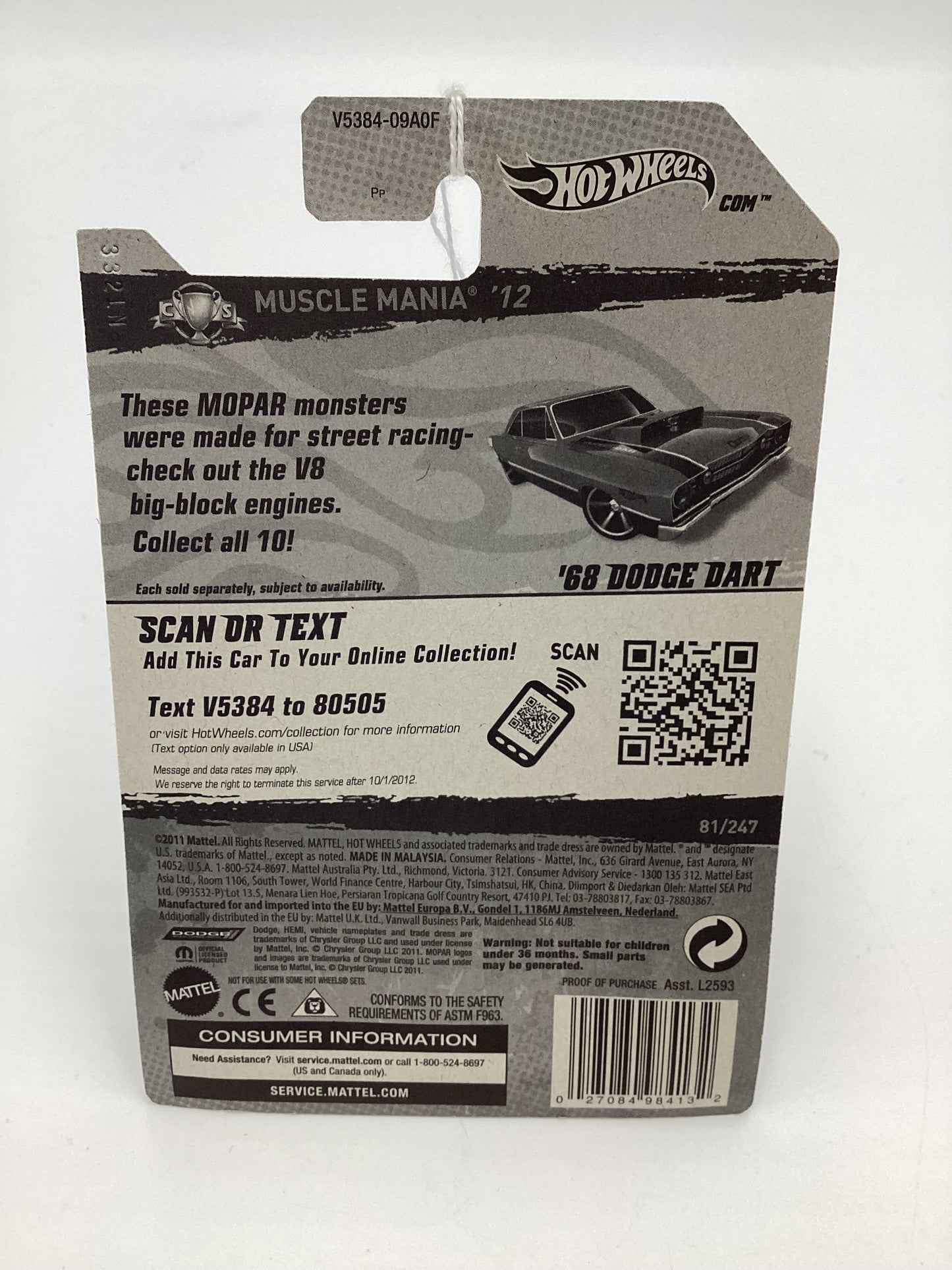 2012 Hot Wheels Muscle Mania Mopar #81 68 Dodge Dart Red 52A
