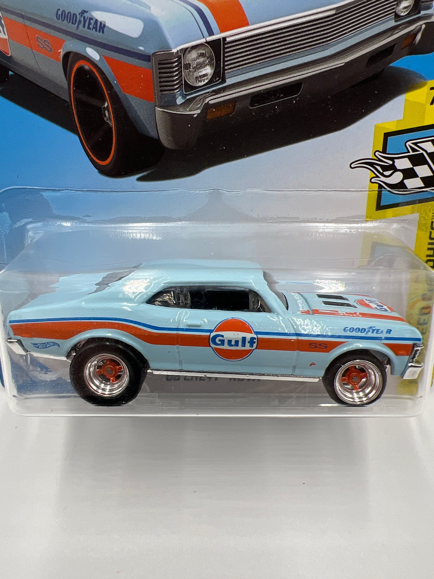 Hot Wheels 68 Chevy Nova Blue Gulf Wheel Swap Custom On Card W/Protector