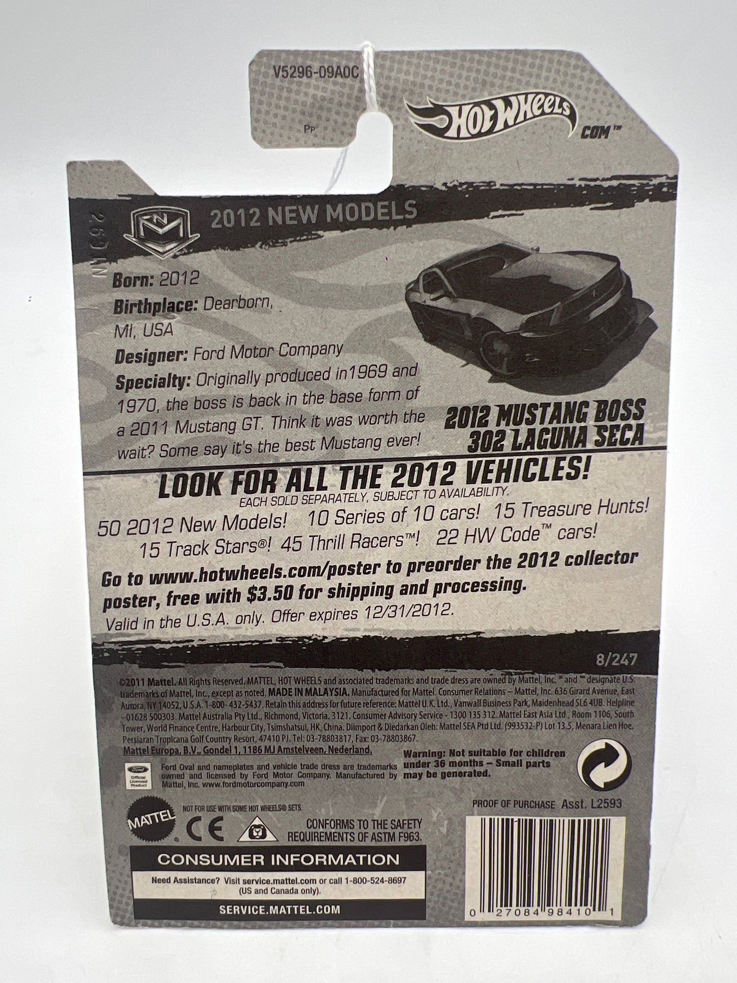 2012 Hot Wheels New Models #8 2012 Mustang Boss 302 Laguna Seca Black 31C