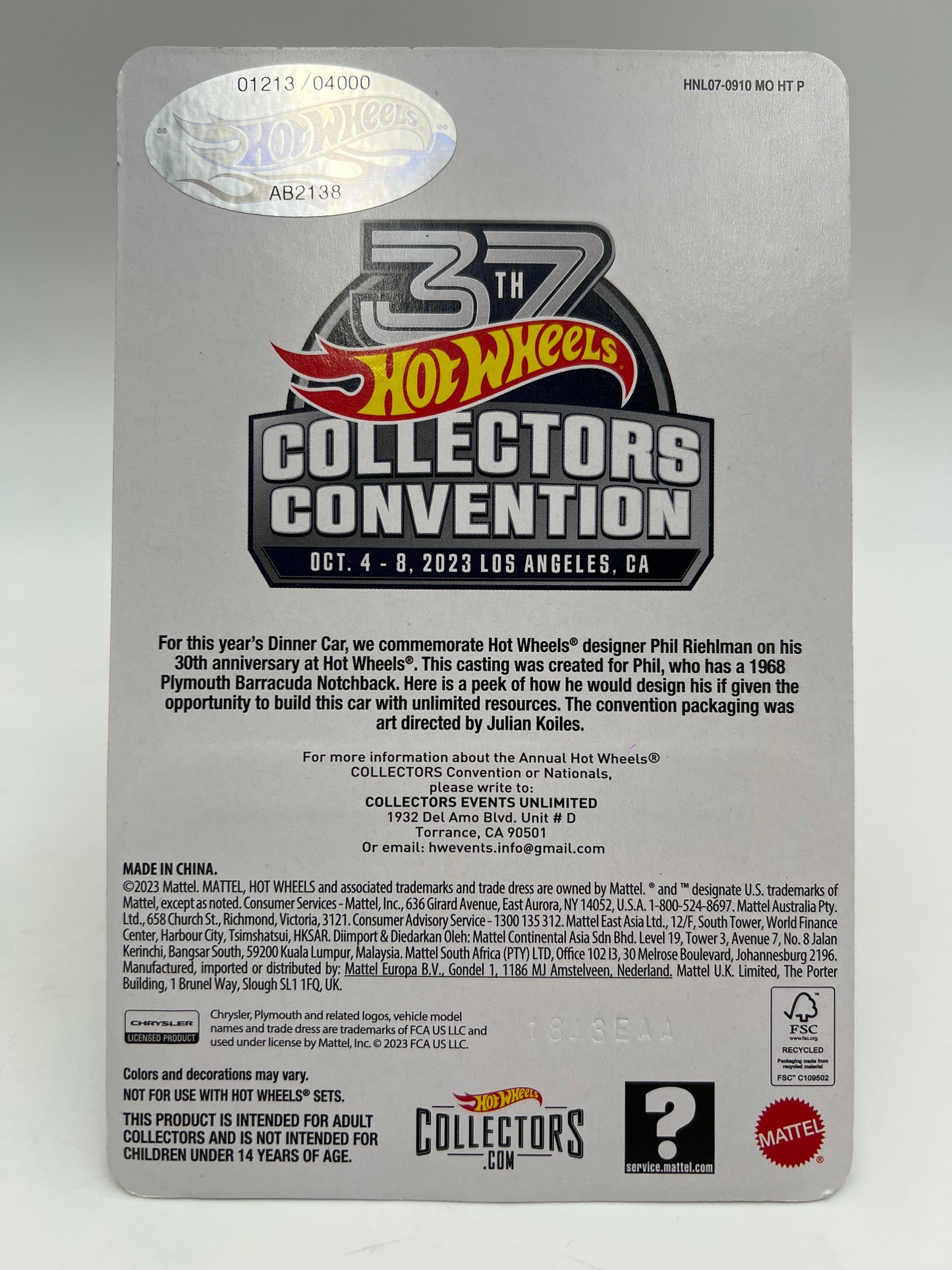 Hot Wheels 37th Collectors Convention 1968 Custom Plymouth Barracuda W/Protector See Desc