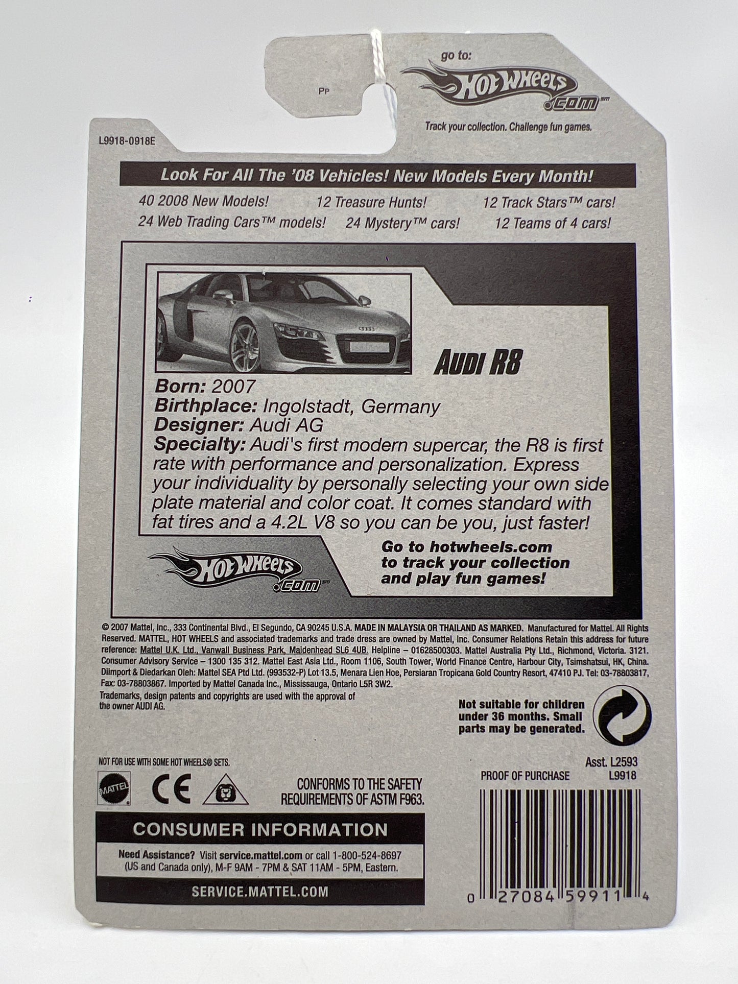 2008 Hot Wheels New Models #3 Audi R8 Black OH5 Wheels 108A