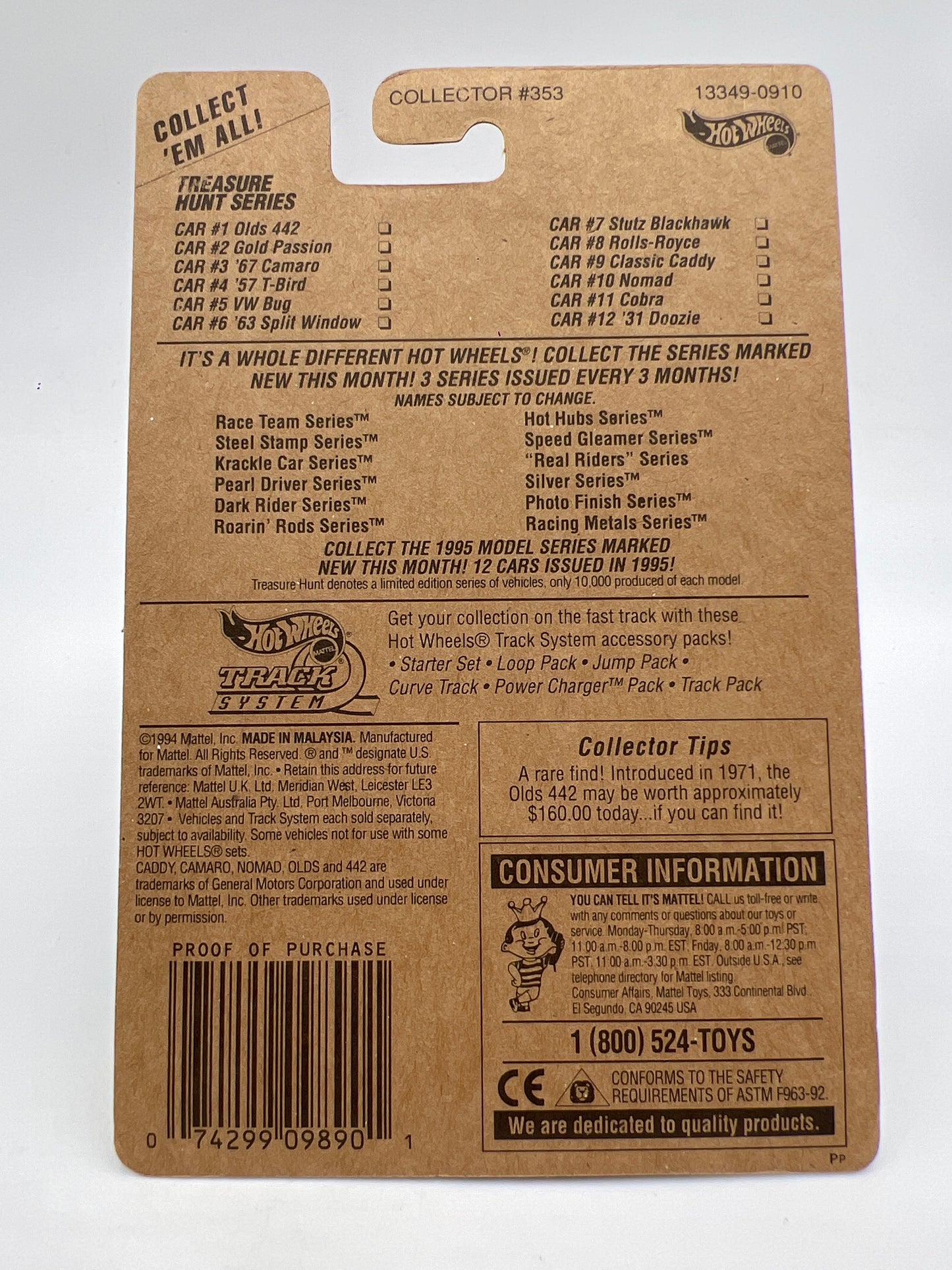 1995 Hot Wheels Treasure Hunt Series #1 Real Riders Olds 442 Blue W/Protector Blister Yellowed