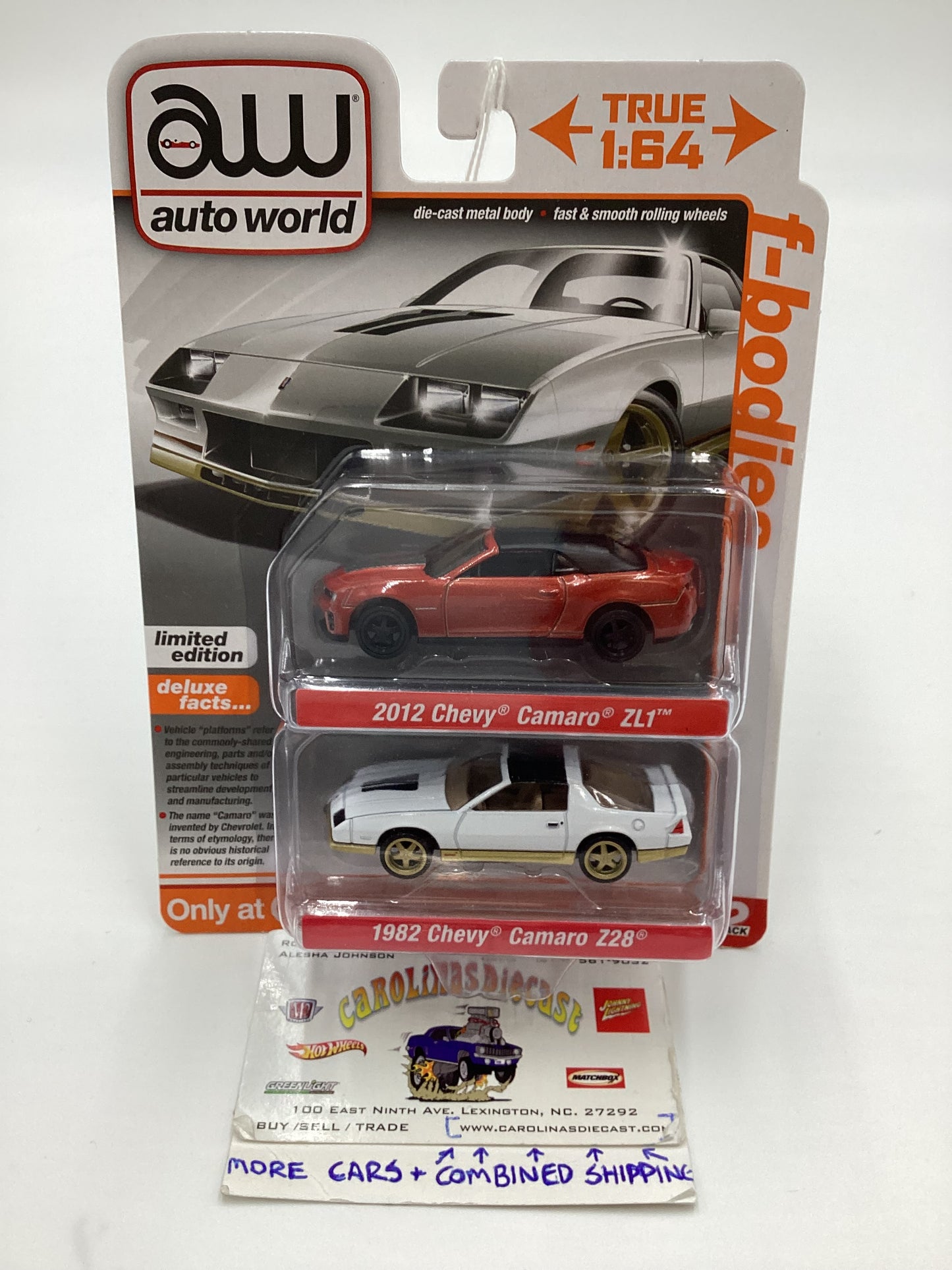 Auto World 2 Pack Target Exclusive F-Bodies Release 2 Version B 2012 Chevy Camaro ZL1 Dark Orange 1982 Chevy Camaro Z28 White 184D