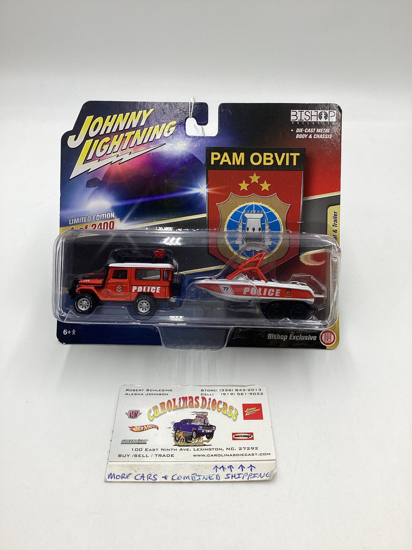 Johnny Lightning Bishop Exclusive Pam Obvit 1980 Toyota Land Cruiser w/ Boat & Trailer