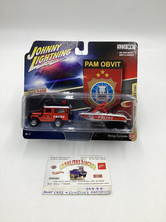 Johnny Lightning Bishop Exclusive Pam Obvit 1980 Toyota Land Cruiser w/ Boat & Trailer