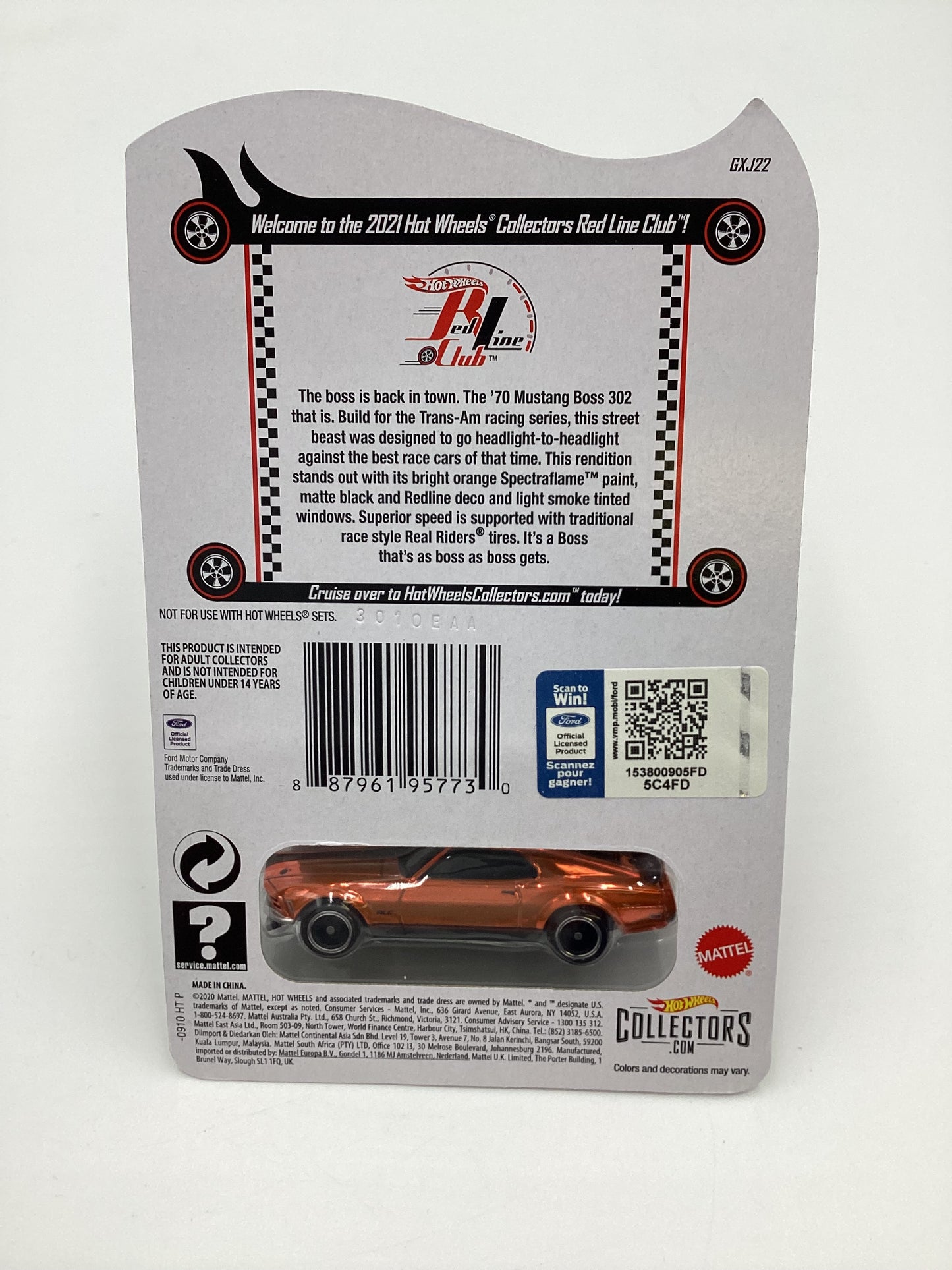 2021 Hot Wheels RLC 70 Mustang Boss 302 Boss Orange Club car with patch and button with protector