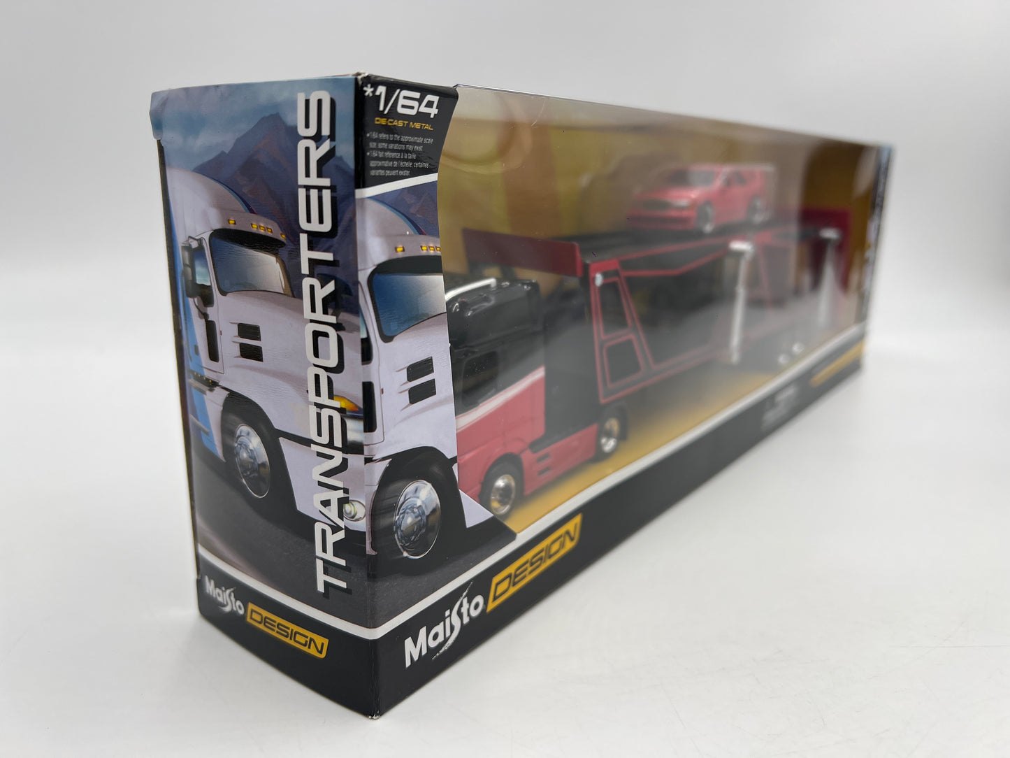 Maisto Design 1/64 Mijo Exclusives Transporters Mercedes-Benz Actros 1851 & 1990 Mercedes-Benz 190 E Red