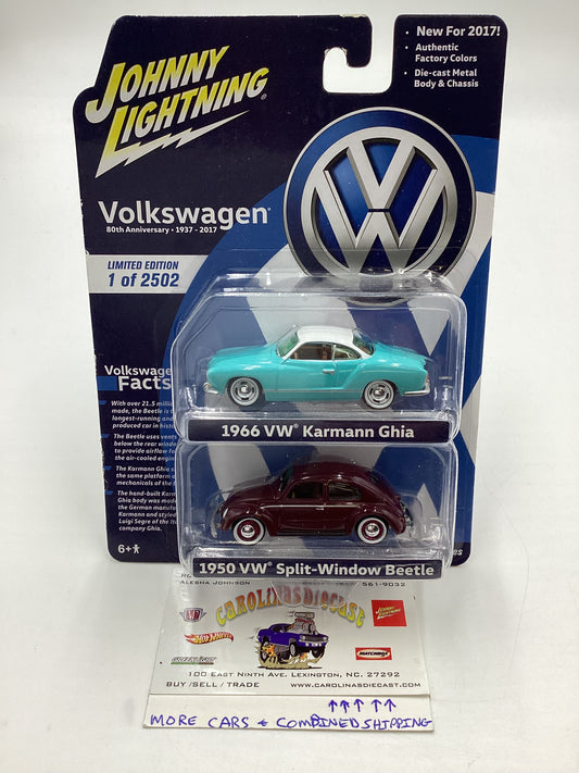 Johnny Lightning 2 Pack 1/2502 1966 VW Karmann Ghia Light Blue 1950 VW Split Window Beetle Maroon with protector