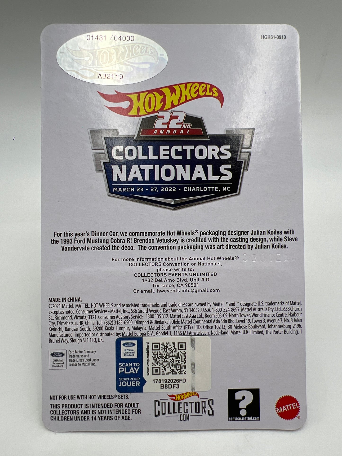 2022 Hot Wheels 22th Collectors Nationals 1993 Ford Mustang Cobra R W/Protector