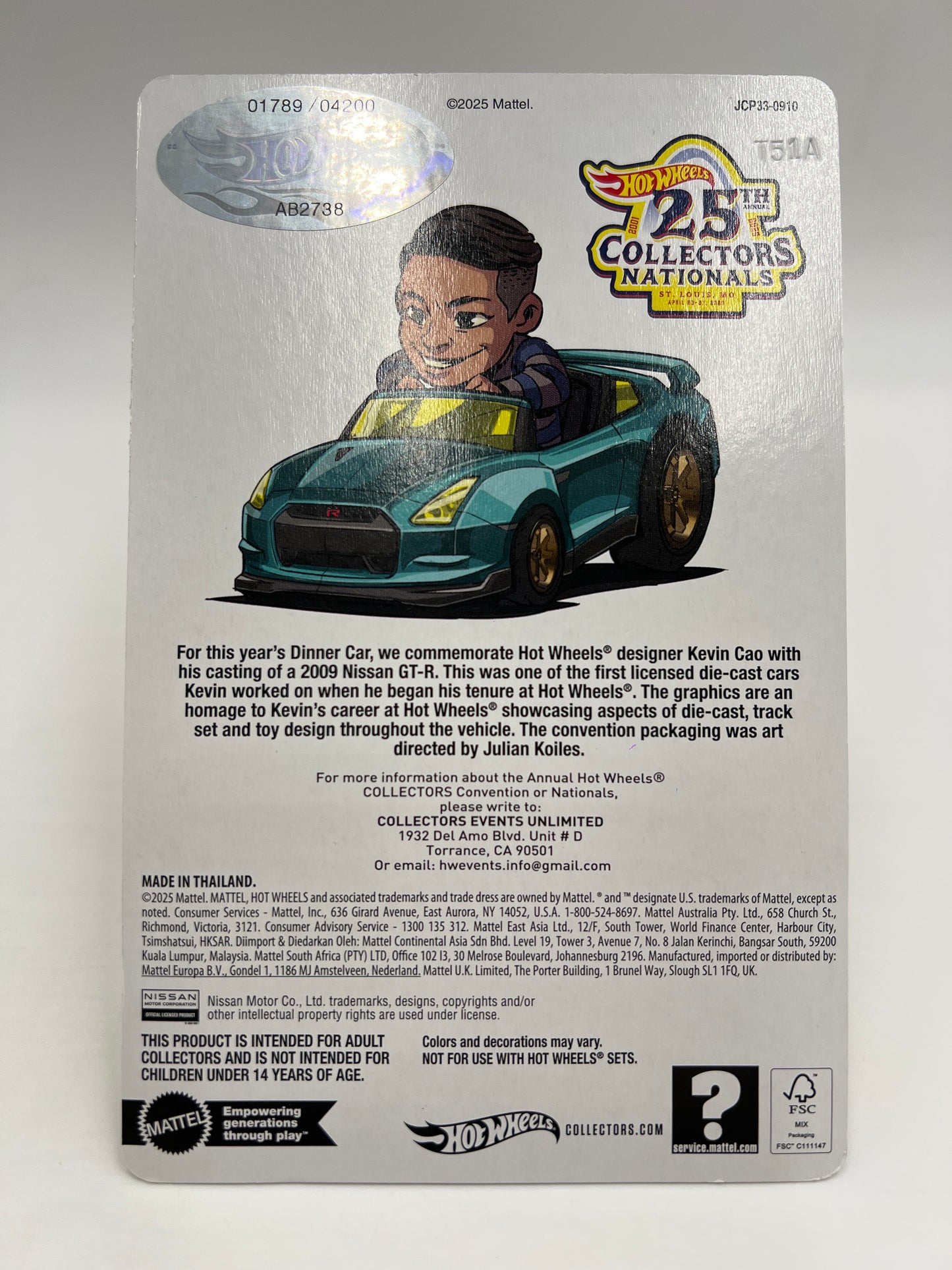 2025 Hot Wheels 25th Annual Collectors Nationals Dinner Car  1789/4200 2009 Nissan GT-R W/Protector