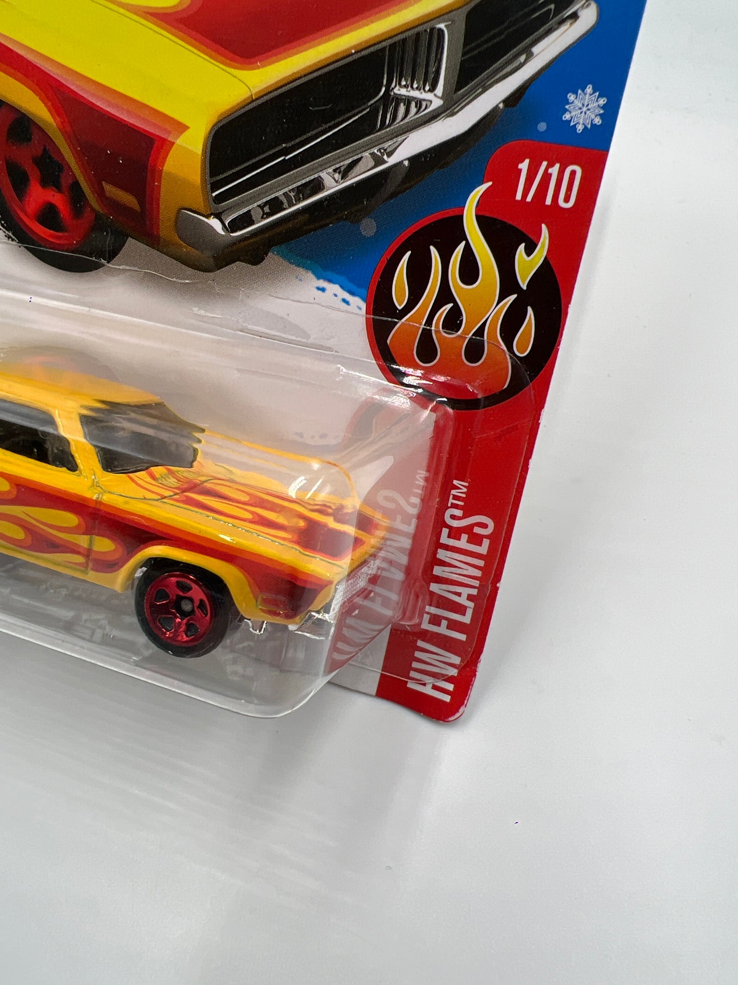 2016 Hot Wheels Target Snowflake Card HW Flames #91 69 Dodge Charger Yellow