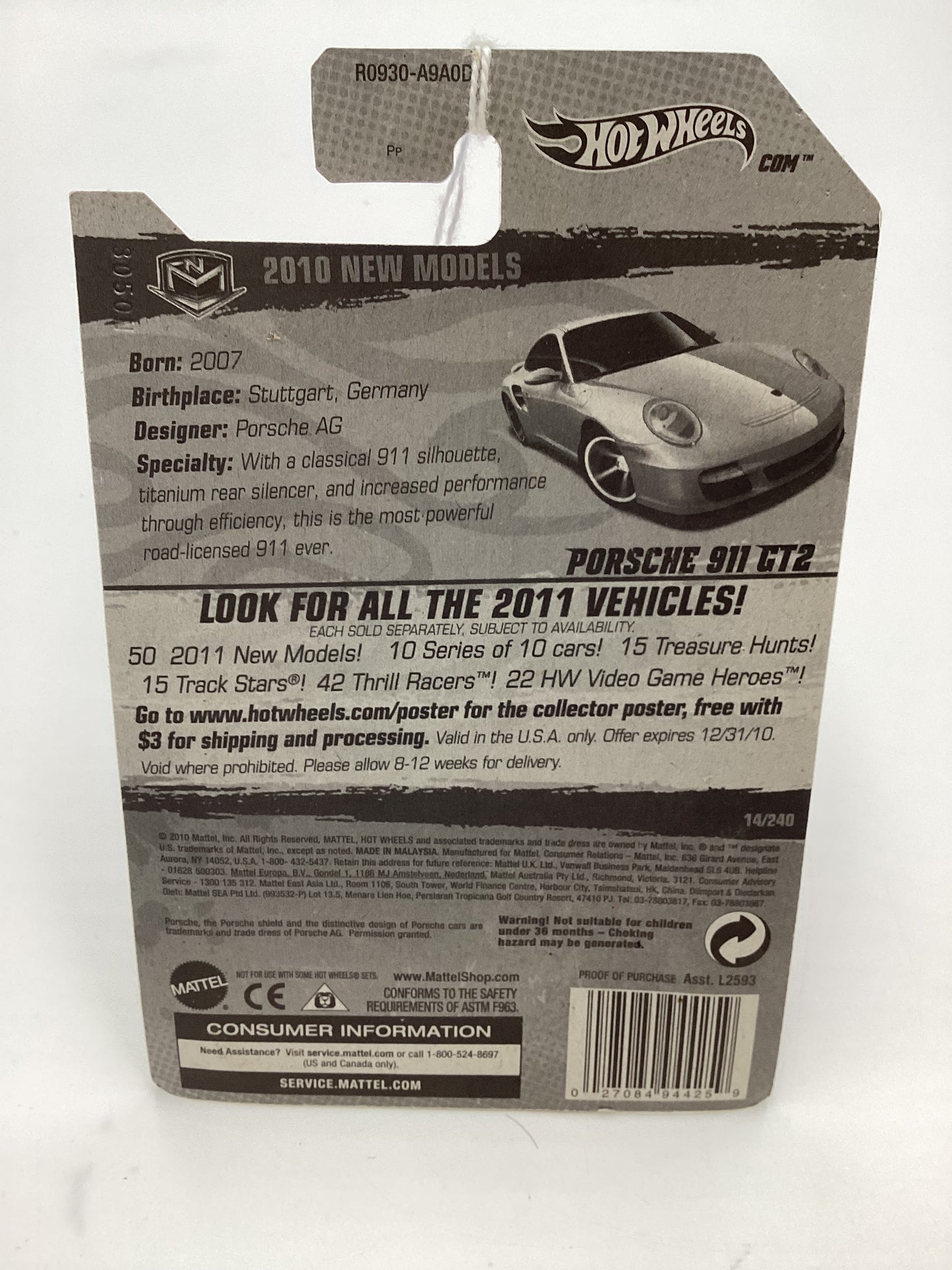 2010 Hot Wheels #014 Porsche 911 GT2 Silver (SR)