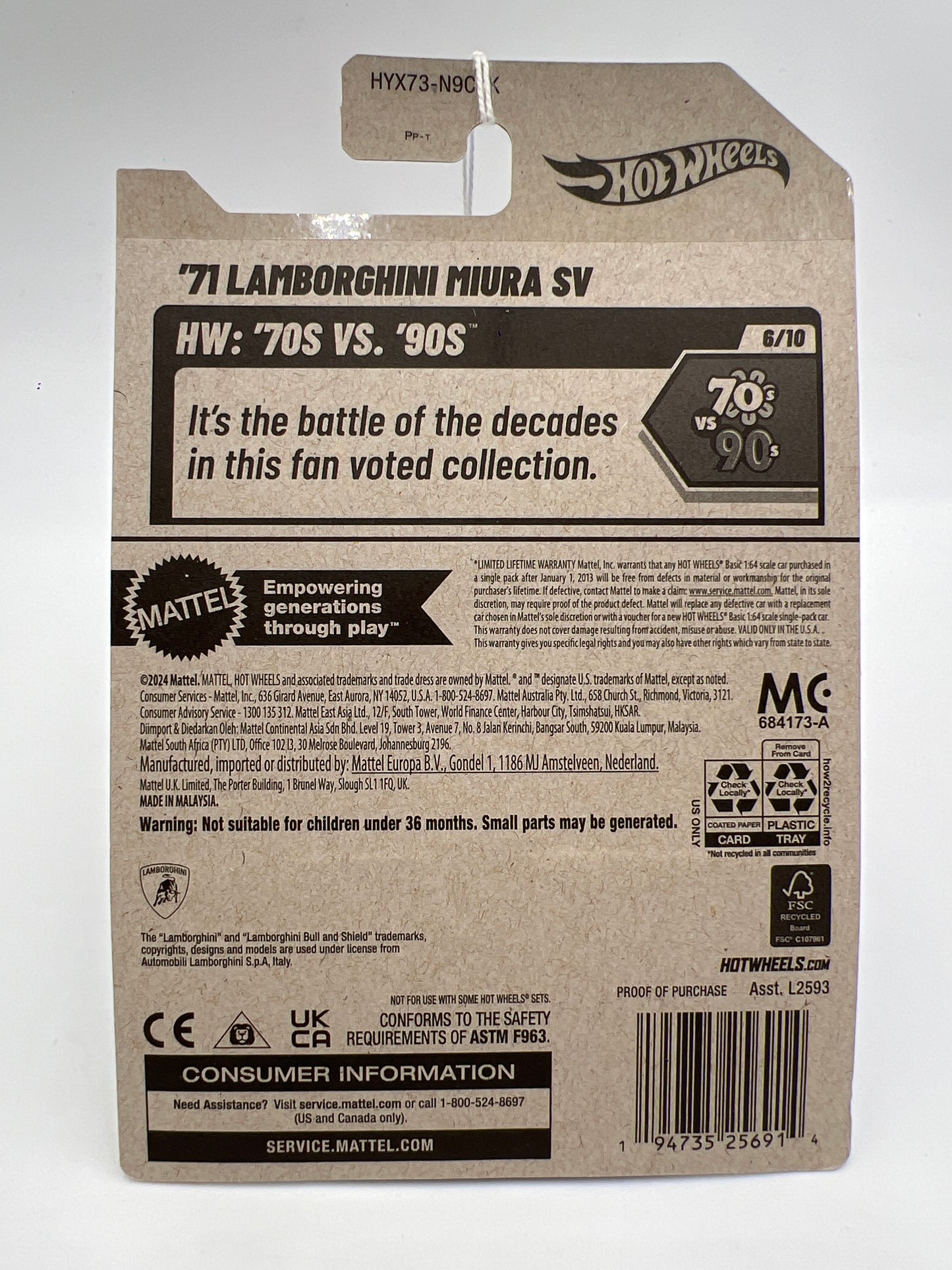 2025 Hot Wheels 70s Vs 90s #78 71 Lamborghini Miura SV Black 101B