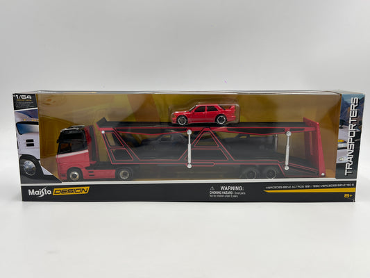 Maisto Design 1/64 Mijo Exclusives Transporters Mercedes-Benz Actros 1851 & 1990 Mercedes-Benz 190 E Red