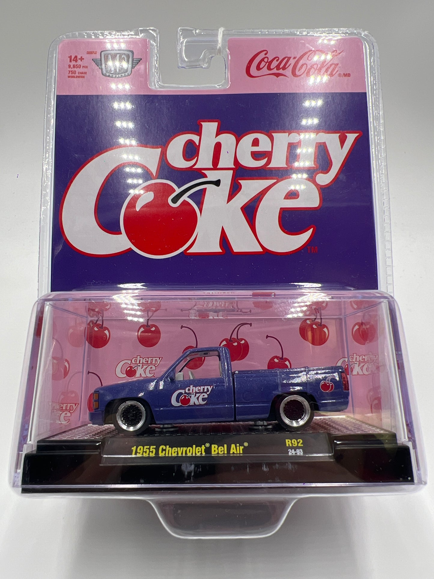 2024 M2 Machines Cherry Coke 1988 GMC Sierra 1500 Custom Purple Base Error (1955 Chevrolet Bel Air)