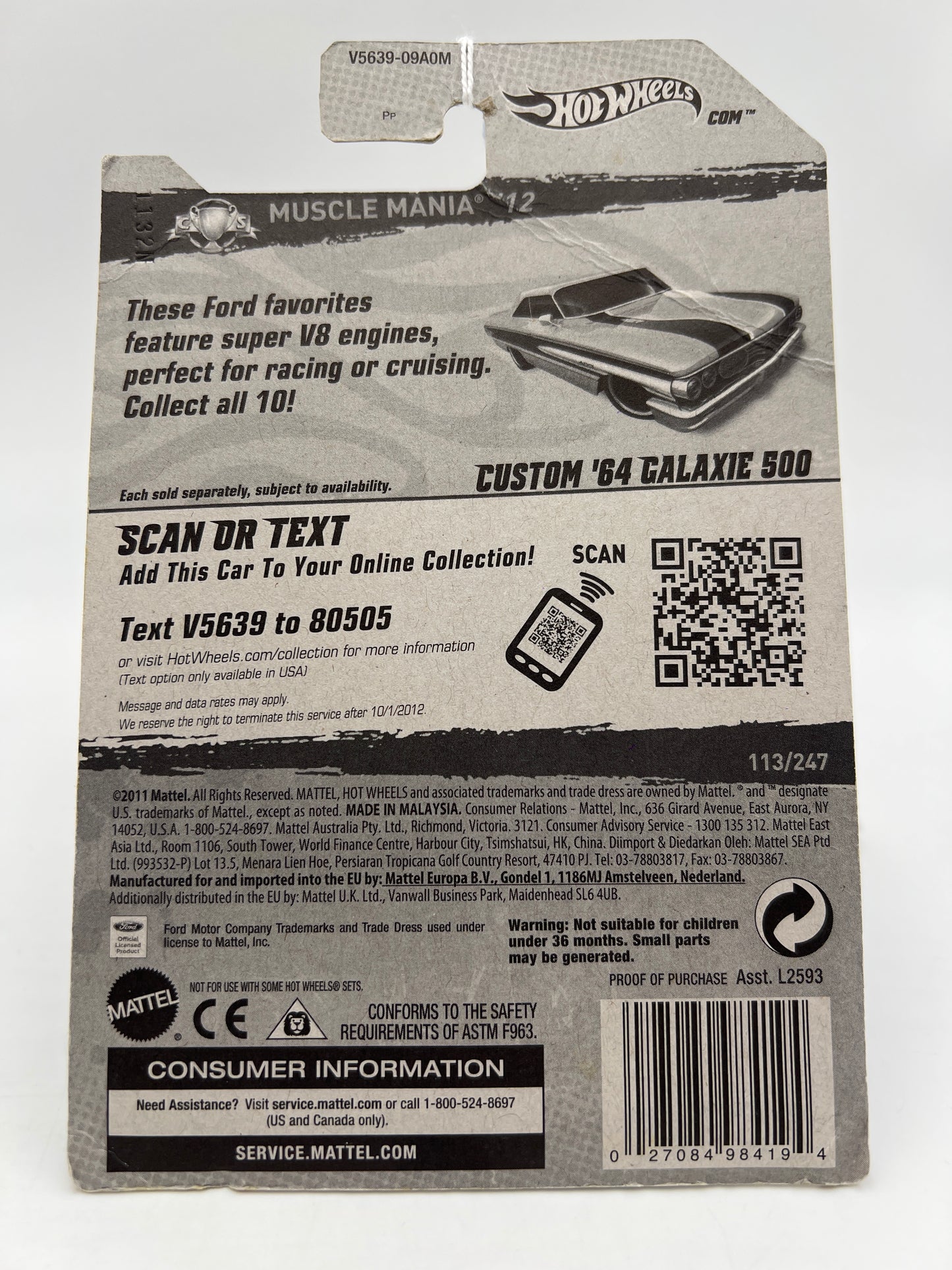 2012 Hot Wheels Muscle Mania Ford #113 Custom 64 Galaxie 500 Blue Bad Card 21D