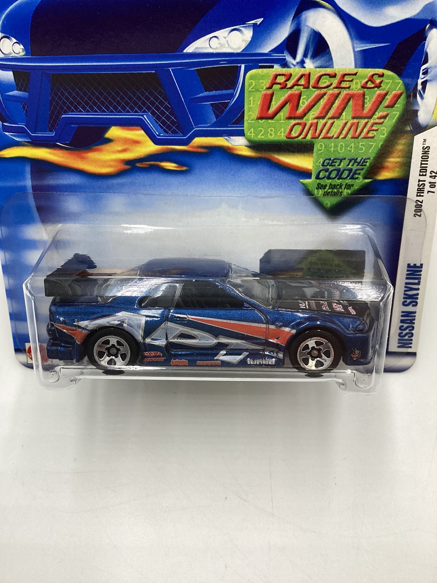 2002 Hot Wheels First Editions Collector #019 Nissan Skyline Blue 5SP Wheels Race and Win Card SR