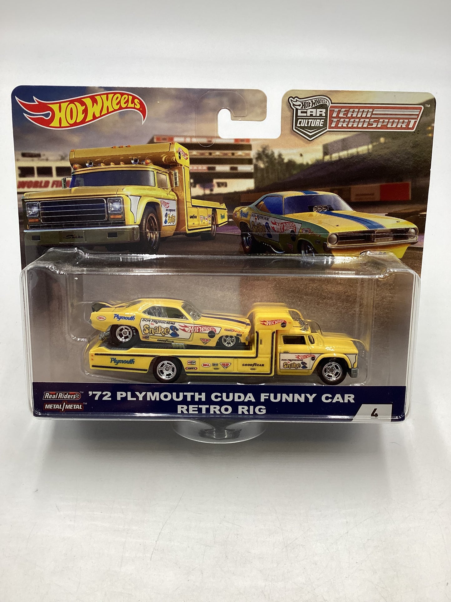 2018 HOT WHEELS Team Transport 72 Plymouth Cuda Snake Funny Car & Retro Rig #4 with protector