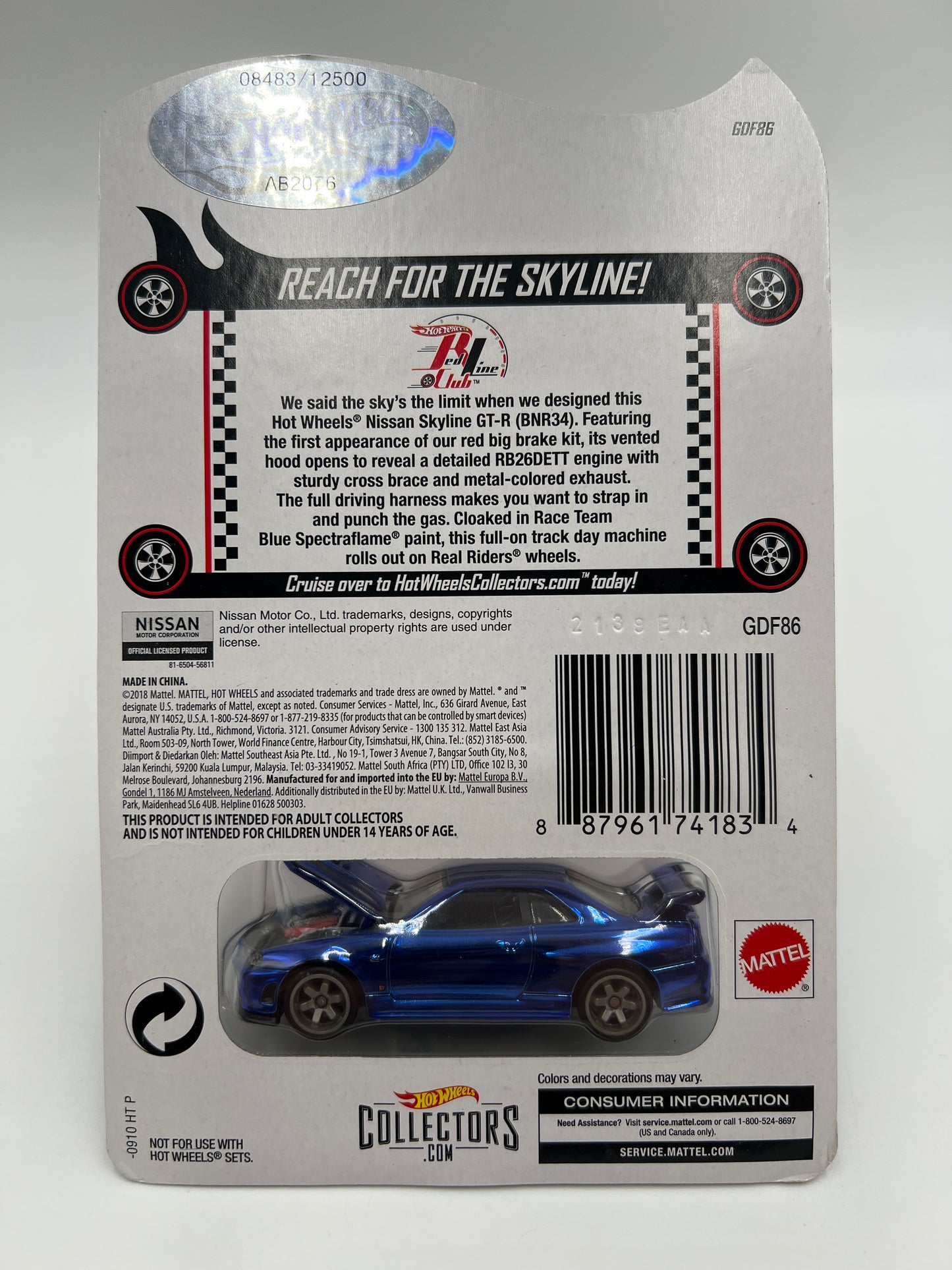 Hot Wheels RLC Nissan Skyline GT-R BNR34 Blue #8483/12500 W/Protector
