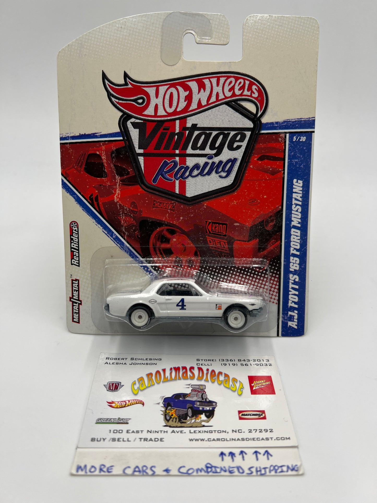 Hot Wheels Premium Vintage Racing #5 A.J. Foyts 65 Ford Mustang White W/Protector