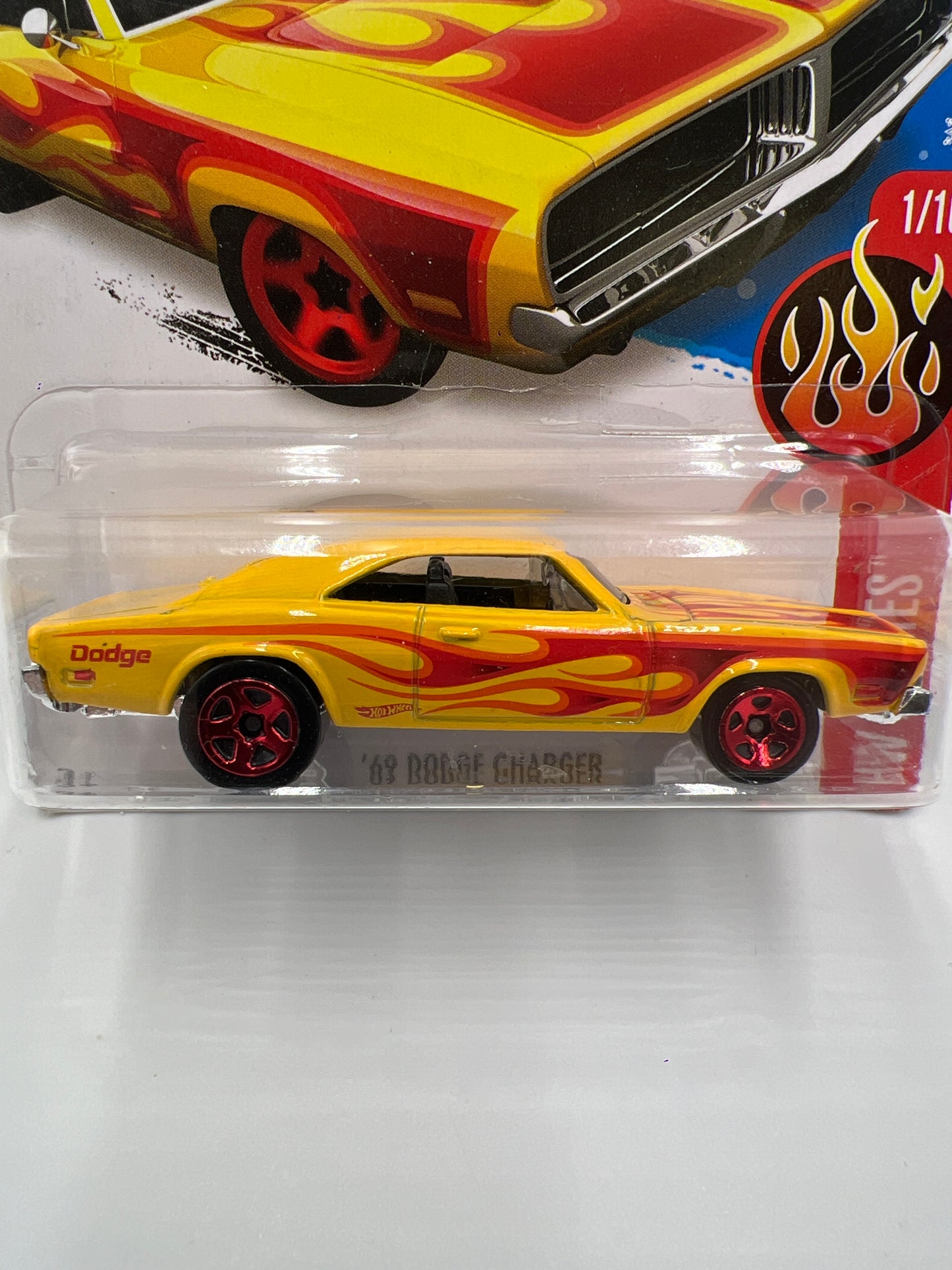 2016 Hot Wheels Target Snowflake Card HW Flames #91 69 Dodge Charger Yellow