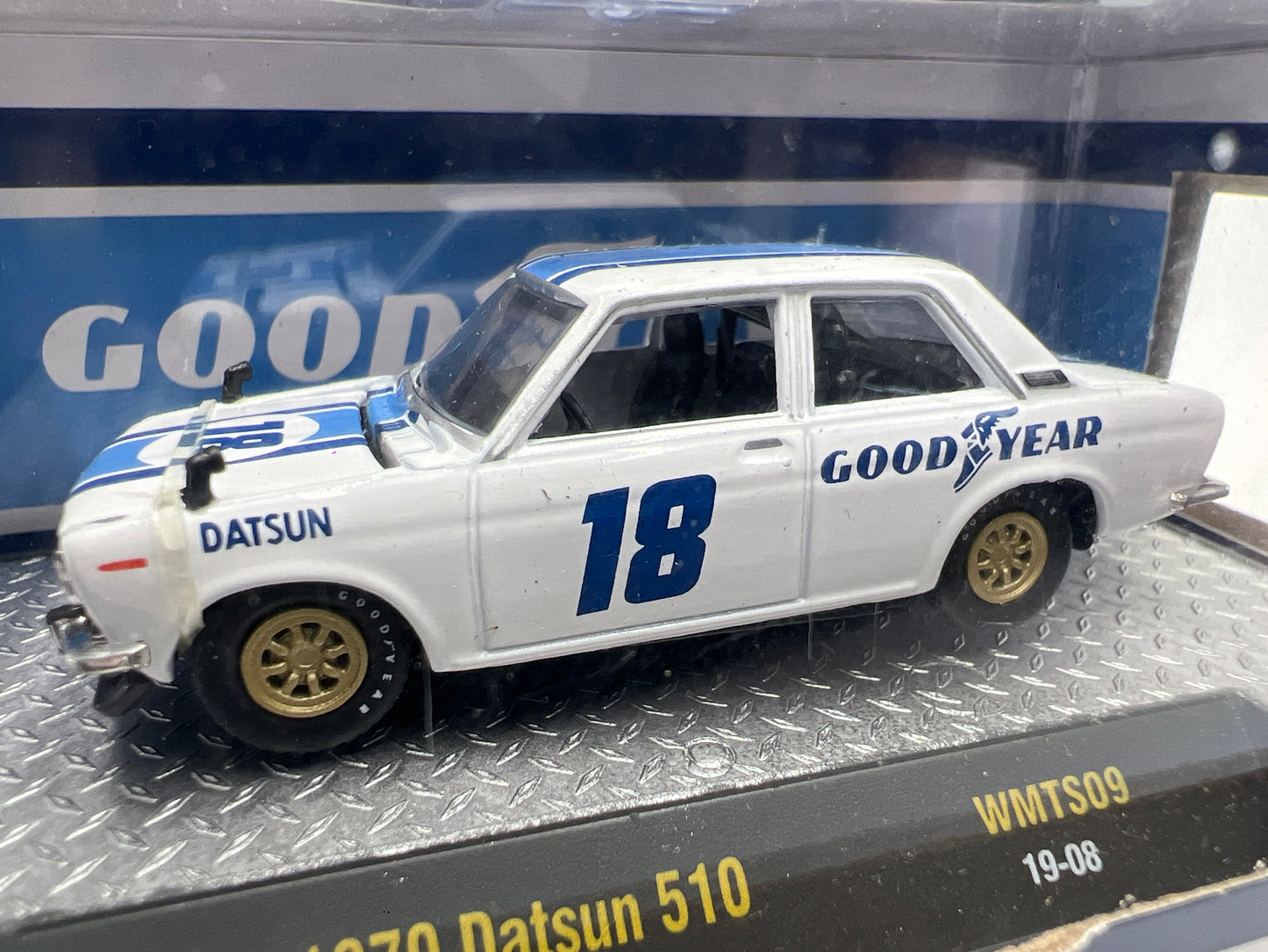 M2 Machines Walmart Exclusive Goodyear 1970 Datsun 510 White WMTS09 Bad Box