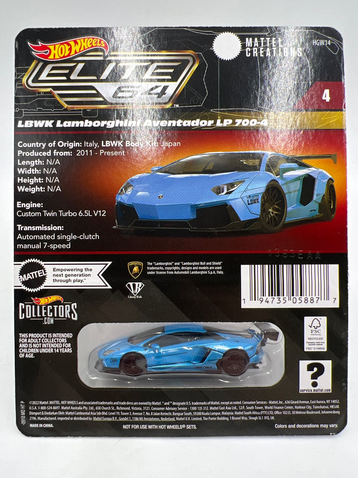 Hot Wheels RLC Elite 64 #4 LBWK Lamborghini Aventador LP 700-4 Blue W/Protector