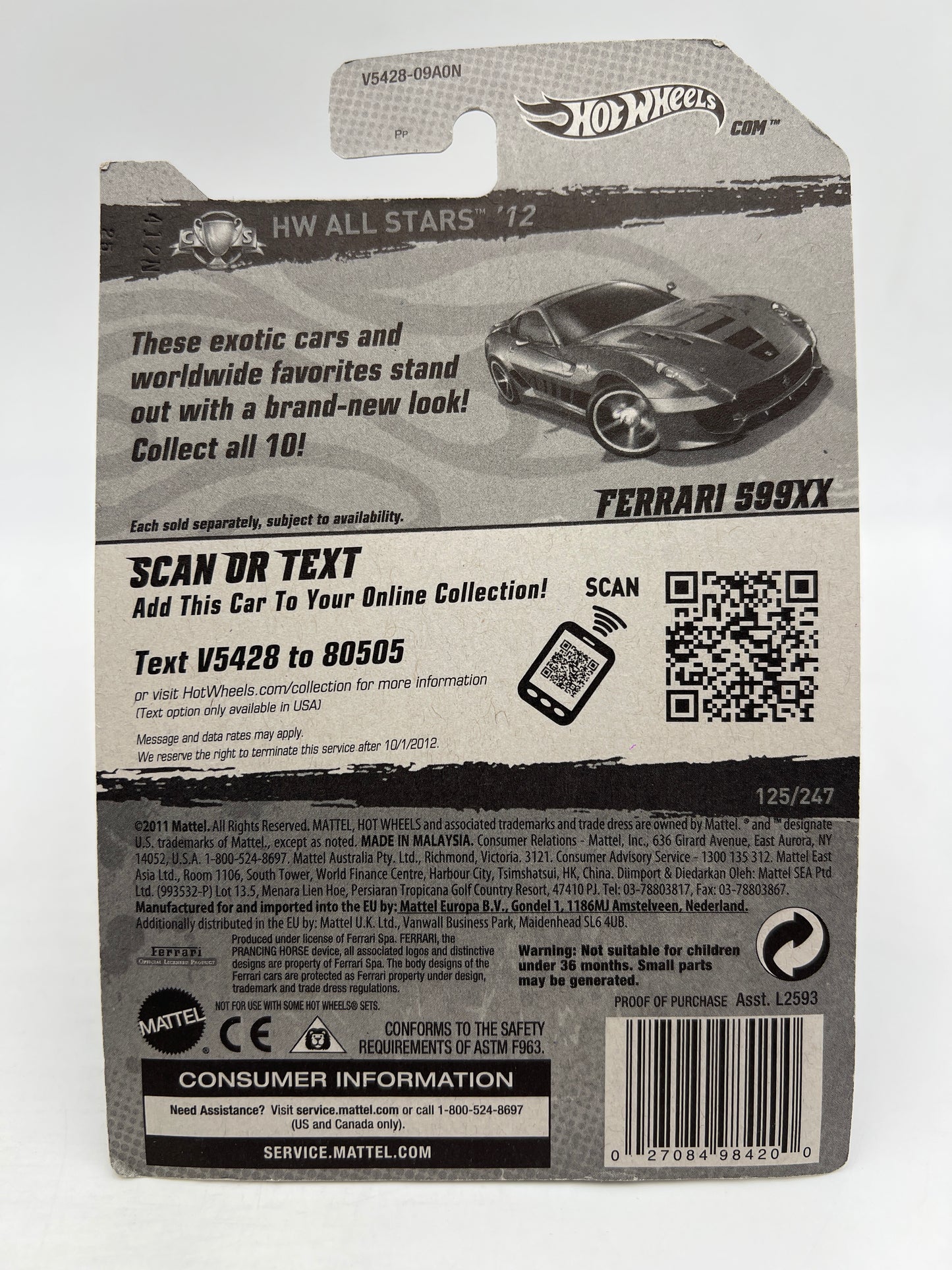 2012 Hot Wheels All Stars #125 Ferrari 599XX Red W/Protector 4