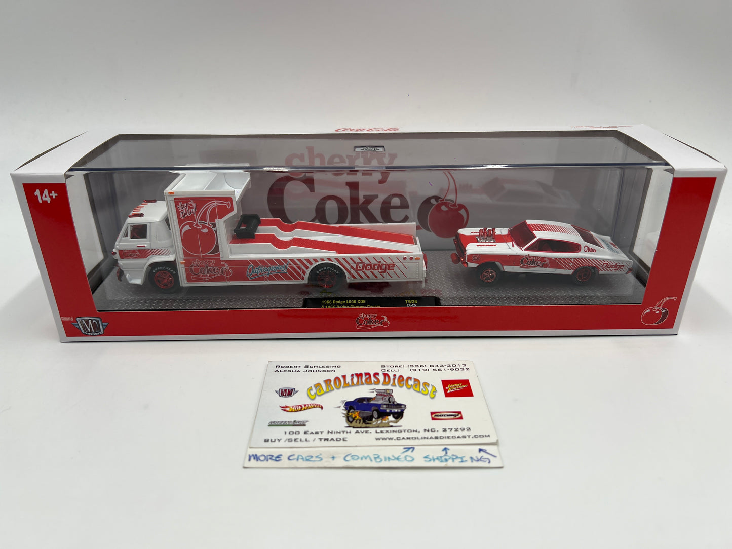 2025 M2 Machines Auto Haulers Coca Cola CHASE 1966 Dodge L600 COE & 1966 Dodge Charger Gasser TW36
