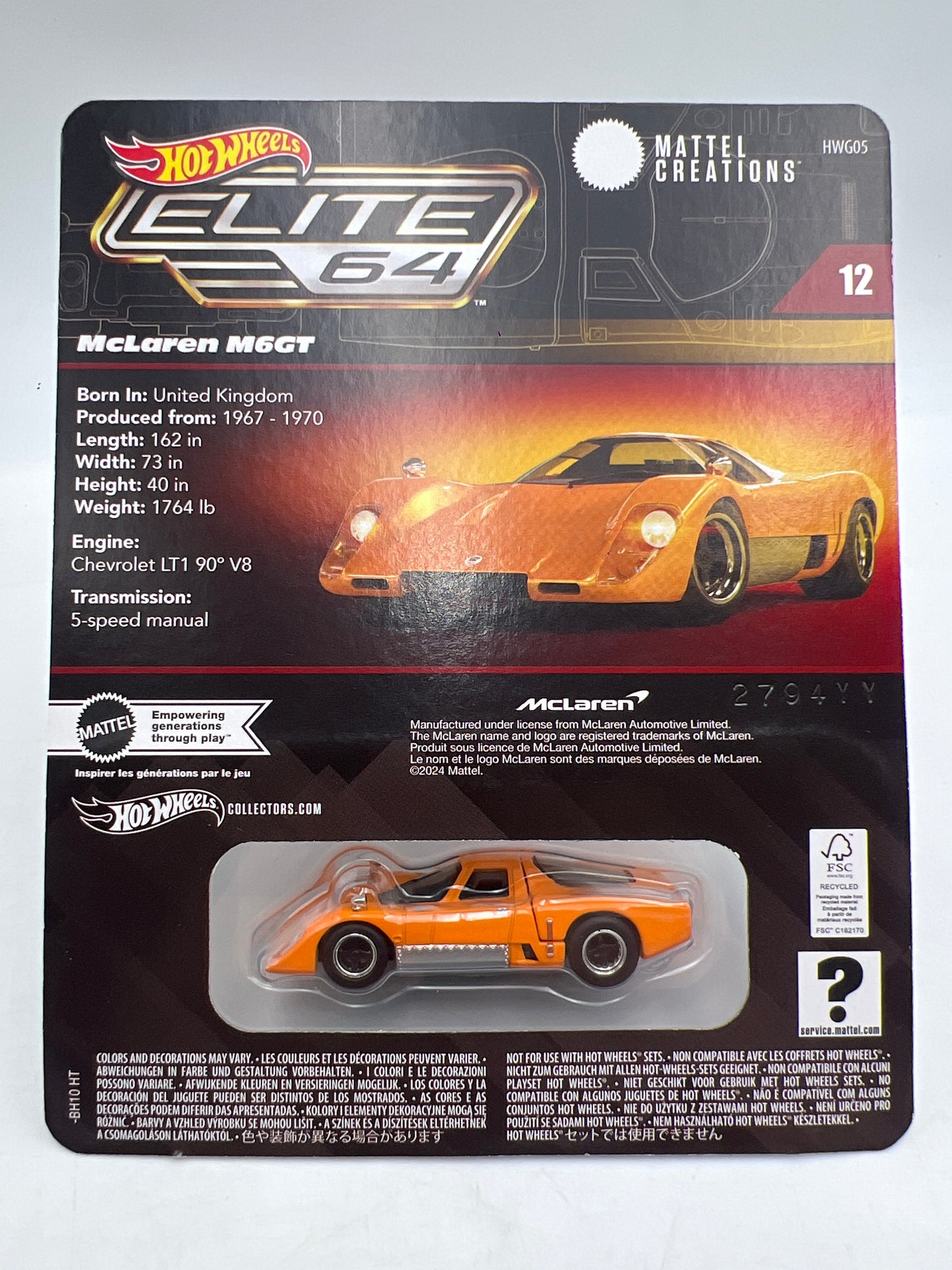 Hot Wheels RLC Elite 64 #12 McLaren M6GT Orange W/Protector
