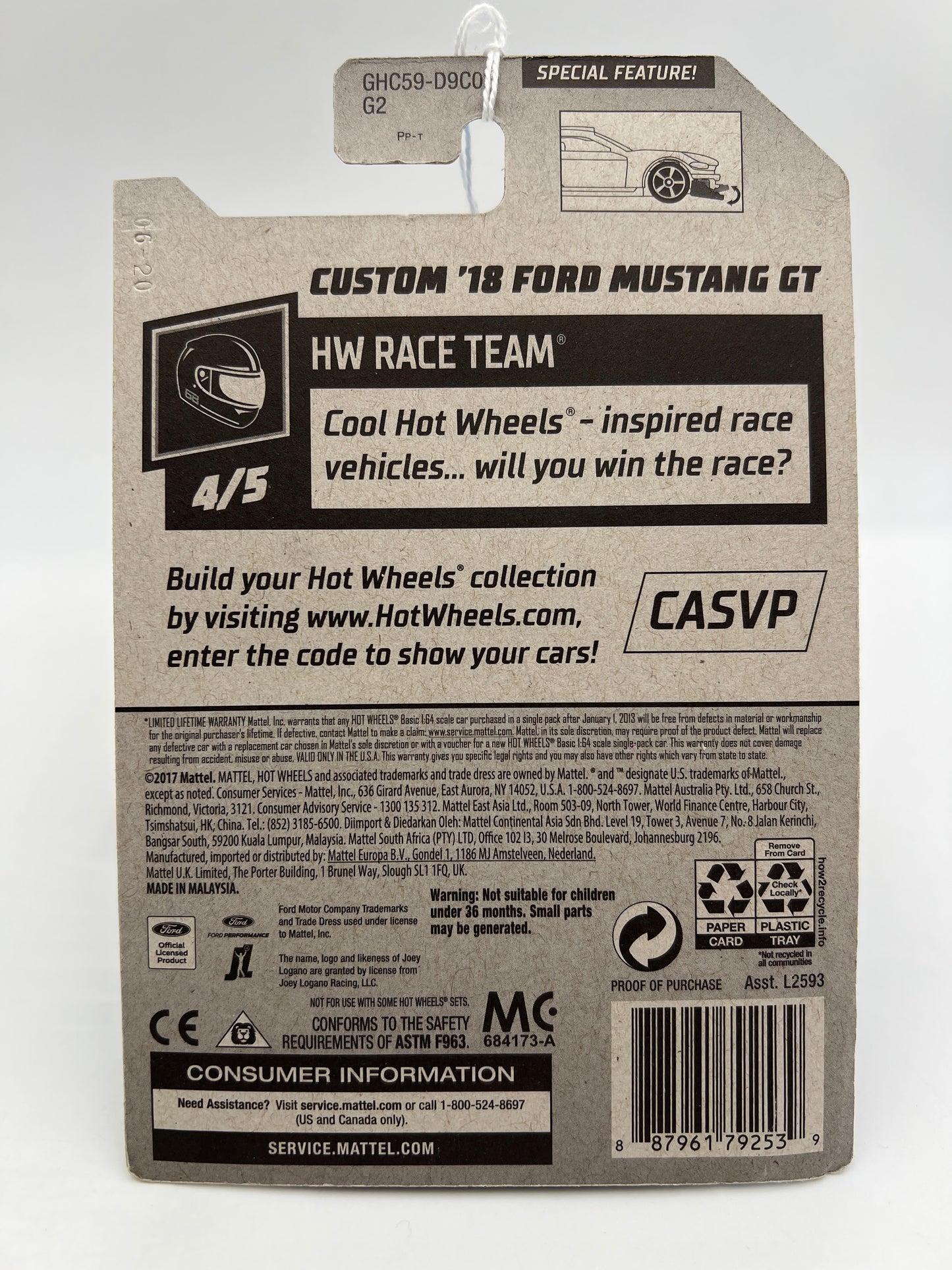 2020 Hot Wheels Race Team #222 Custom 18 Ford Mustang GT Blue Joey Logano