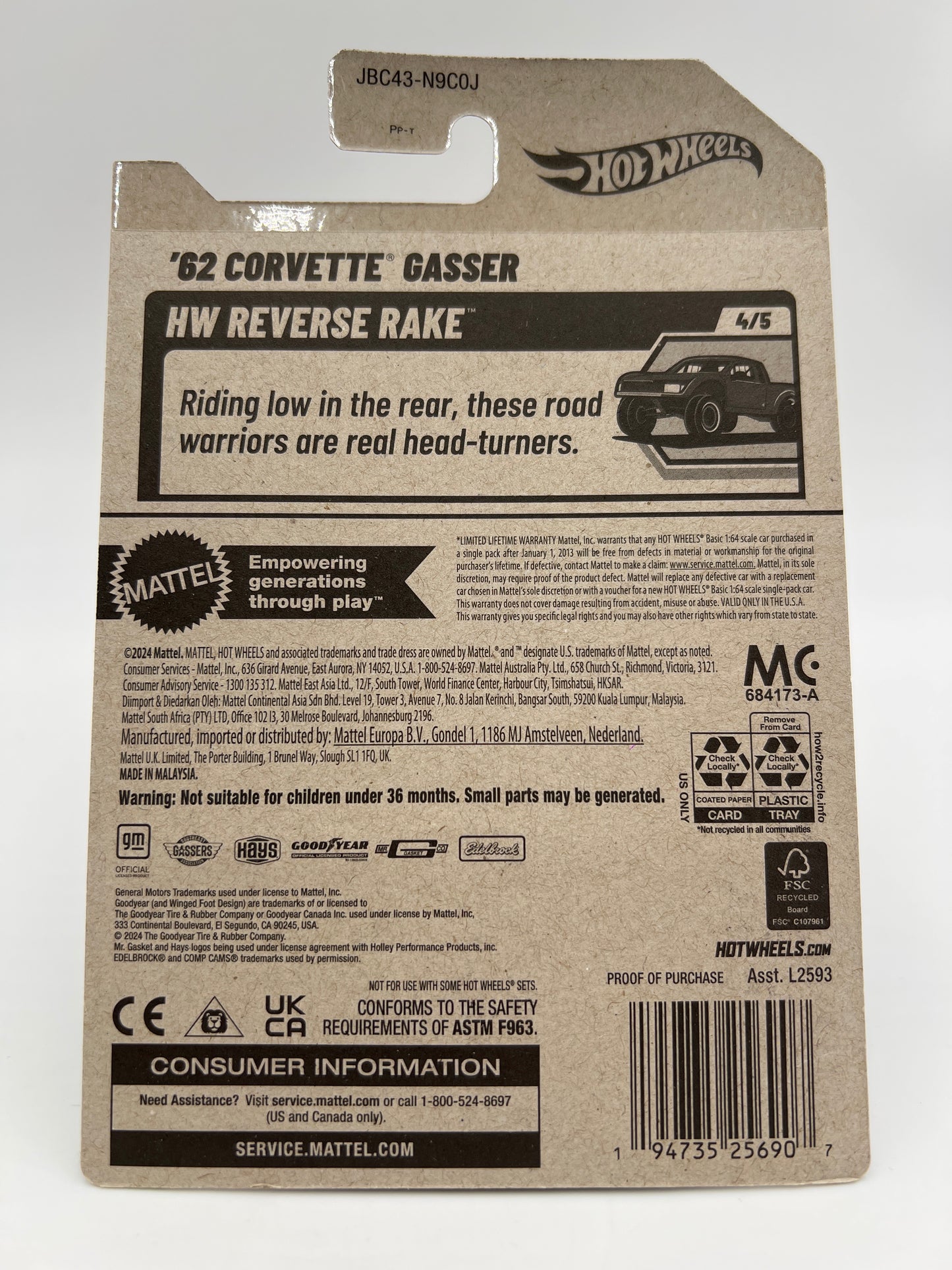 2025 Hot Wheels J Case Super Treasure Hunt #182 62 Corvette Gasser W/Protector