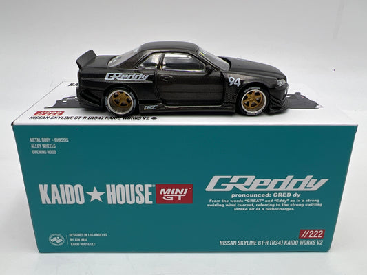 Mini GT Kaido House #222 Nissan Skyline GT-R R34 Kaido Works Carbon V2 GReddy