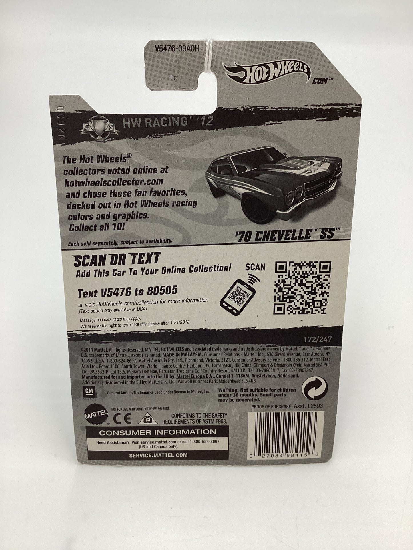 2012 Hot Wheels Racing #172 70 Chevelle SS Blue 10G