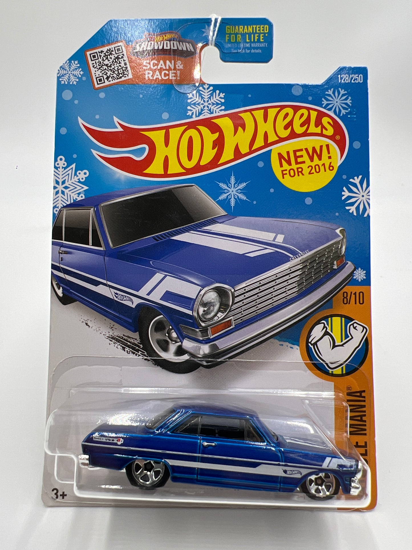 2016 Hot Wheels Muscle Mania #128 63 Chevy II Blue Target Snowflake Card 238D