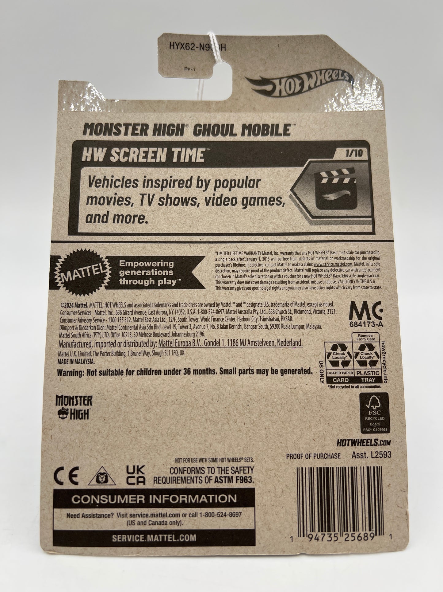 2025 Hot Wheels H Case Screen Time #3 Monster High Ghoul Mobile Black 120C