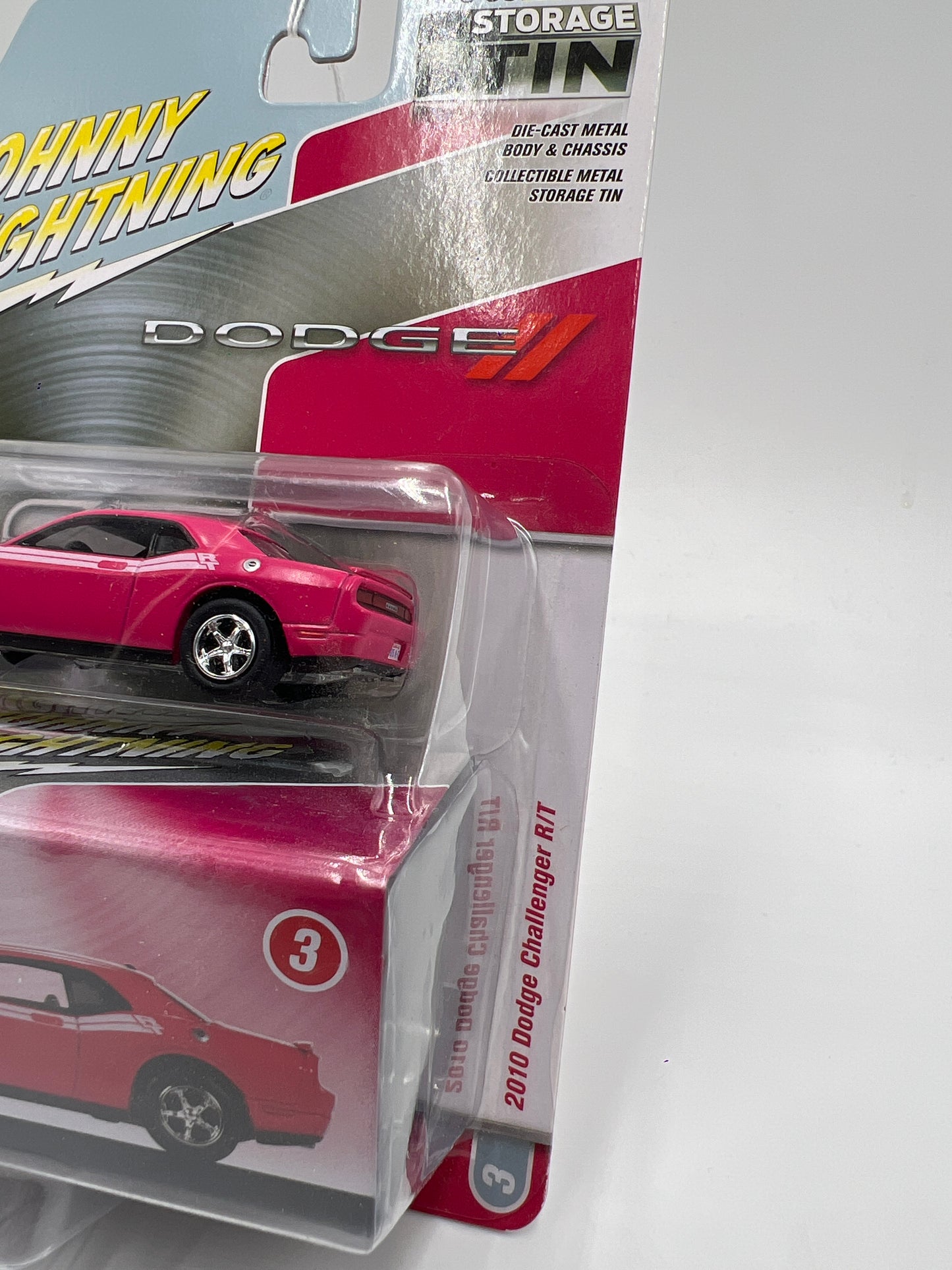 Johnny Lightning Storage Tin Release 1 Version B #3 2010 Dodge Challenger R/T Pink 229F