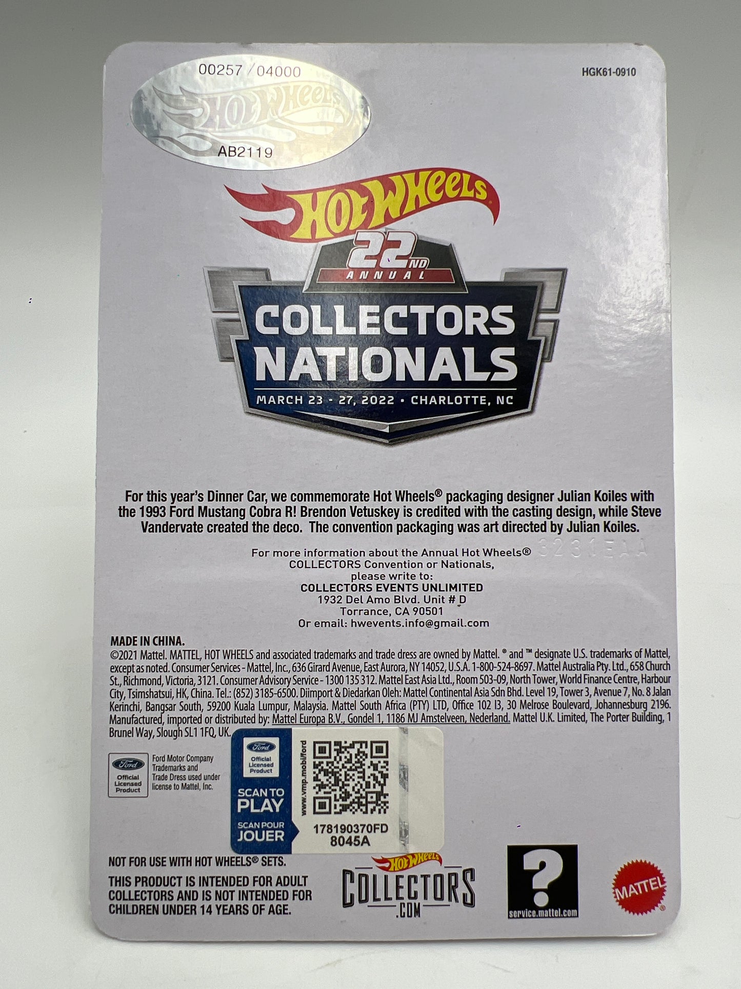 2022 Hot Wheels 22th Collectors Nationals Dinner Sticker 1993 Ford Mustang Cobra R W/Patch & Pin W/Protector