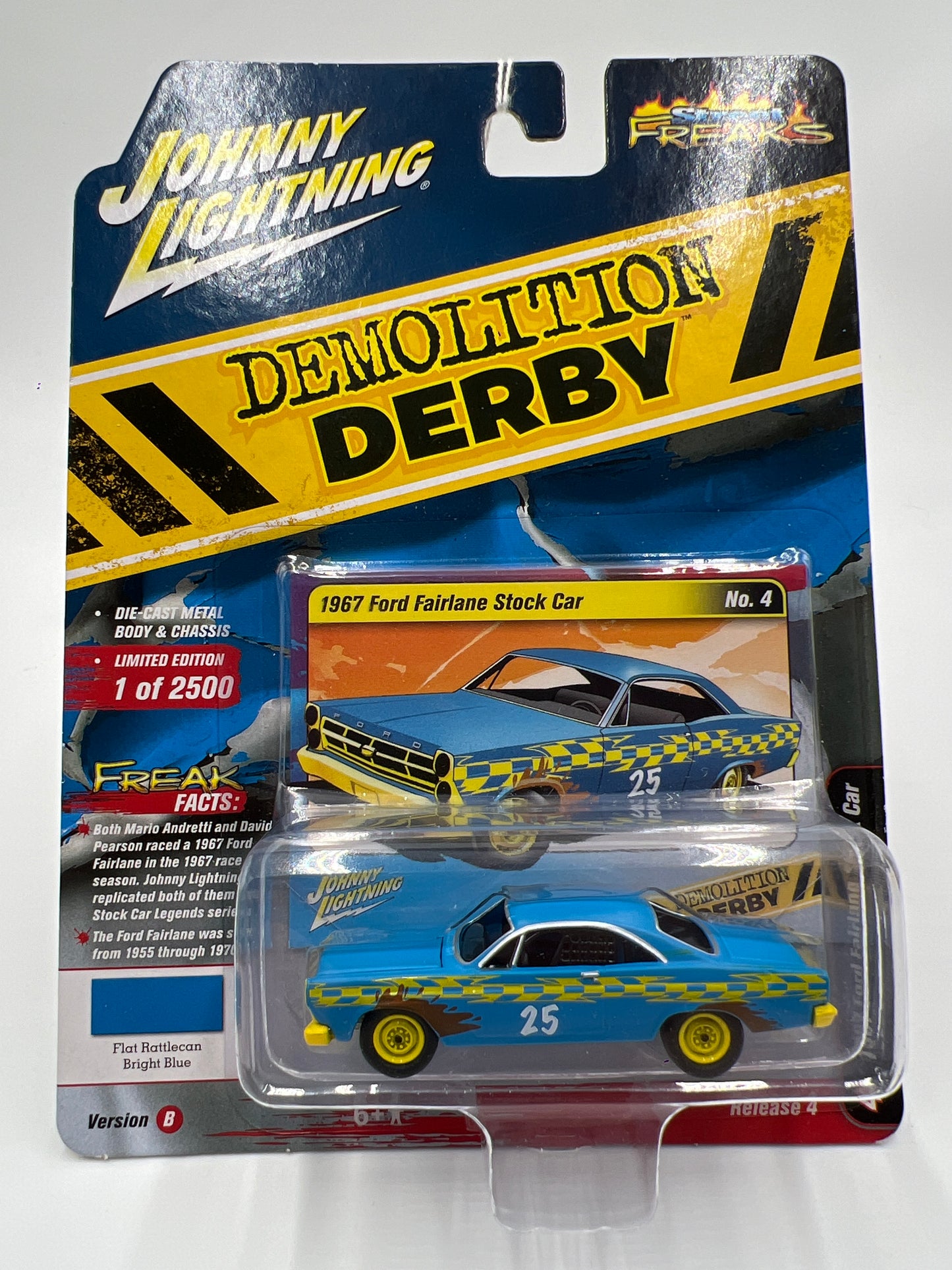 Johnny Lightning Street Freaks Demolition Derby Release 4 Version B 1967 Ford Fairlane Stock Car #25 Flat Rattlecan Bright Blue 232C