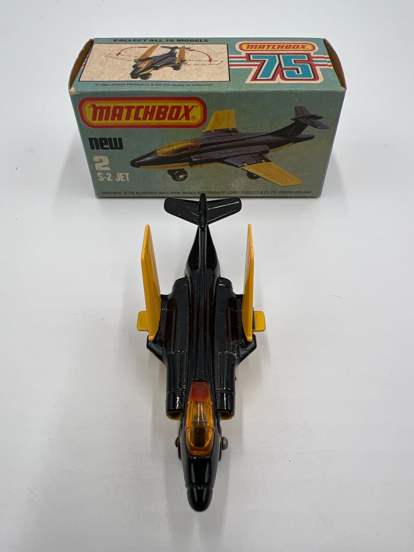Matchbox 75 #2 S-2 Jet W/Box Black/Yellow