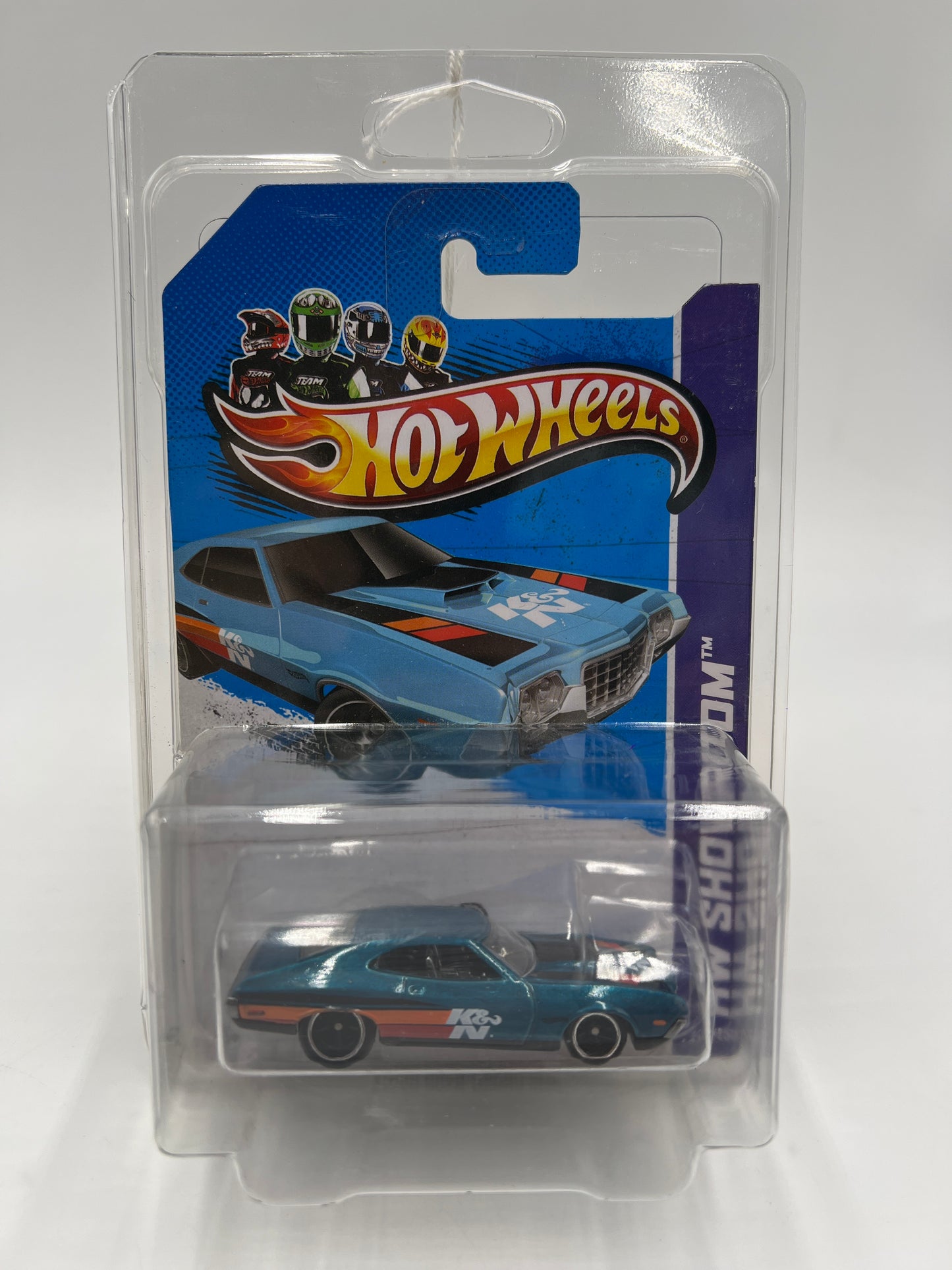 2013 Hot Wheels Super Treasure Hunt #242 72 Ford Gran Torino Sport Blue K&N W/Protector Crushed Blister