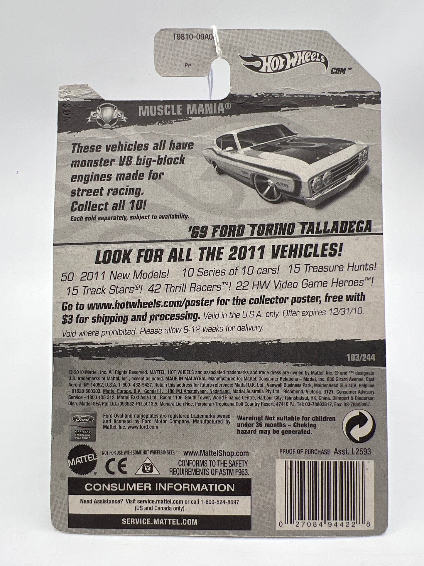 2011 Hot Wheels Muscle Mania #103 69 Ford Torino Talladega White Bad Card 24F