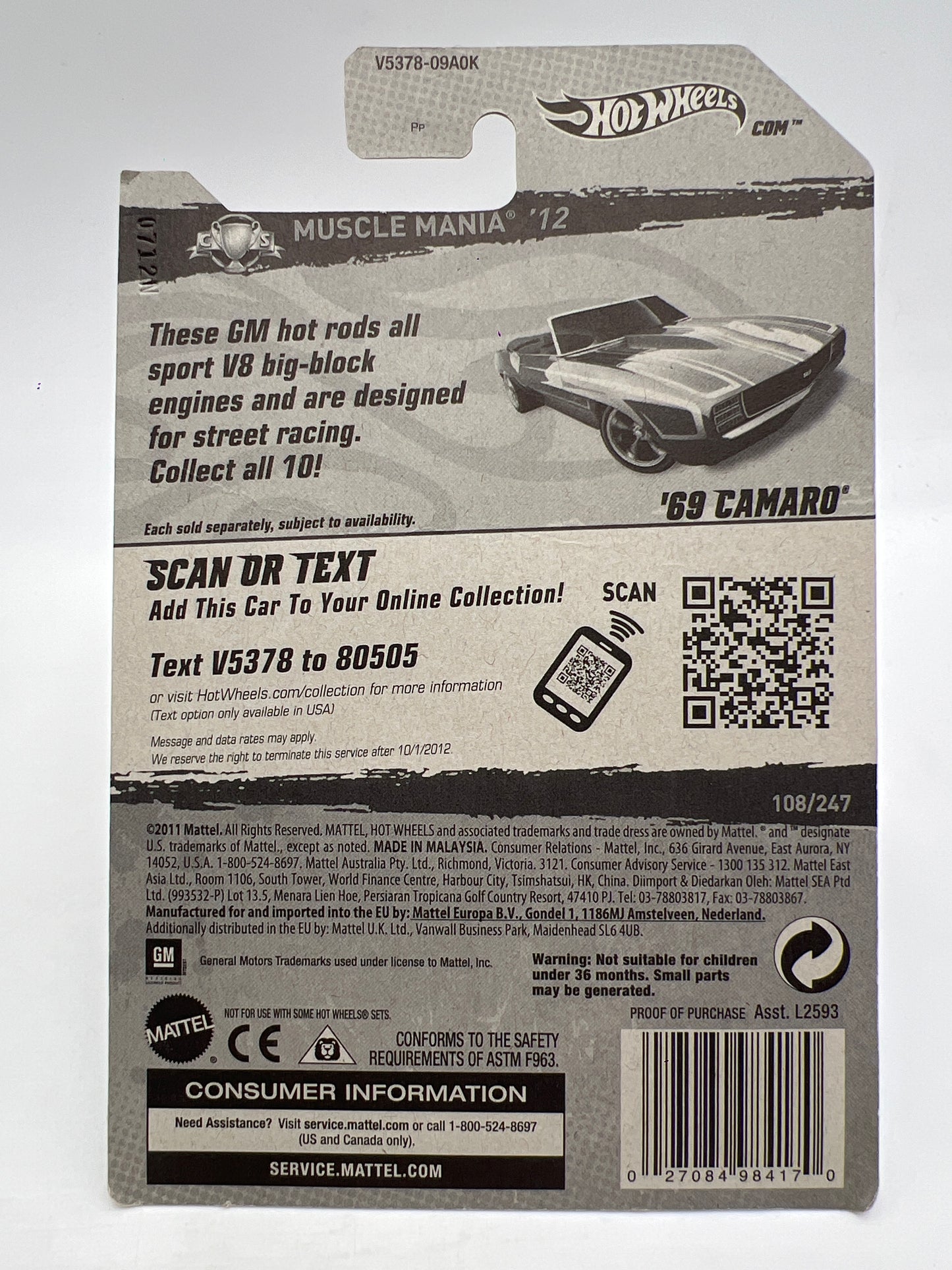 2012 Hot Wheels Super Treasure Hunt #108 69 Camaro Convertible W/Protector