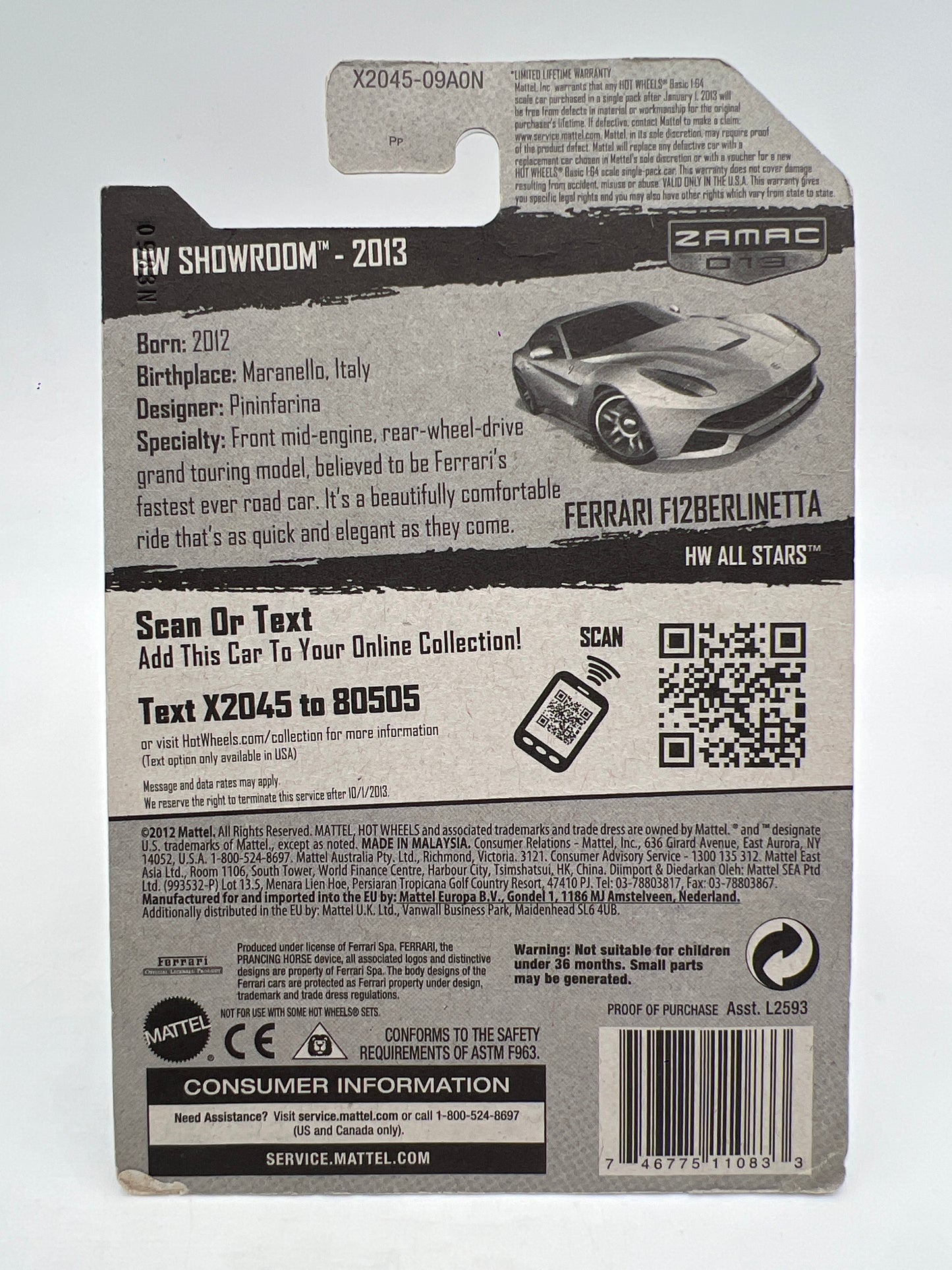 2013 Hot Wheels Walmart Exclusive Zamac 13 #174 Ferrari F12Berlinetta W/Protector